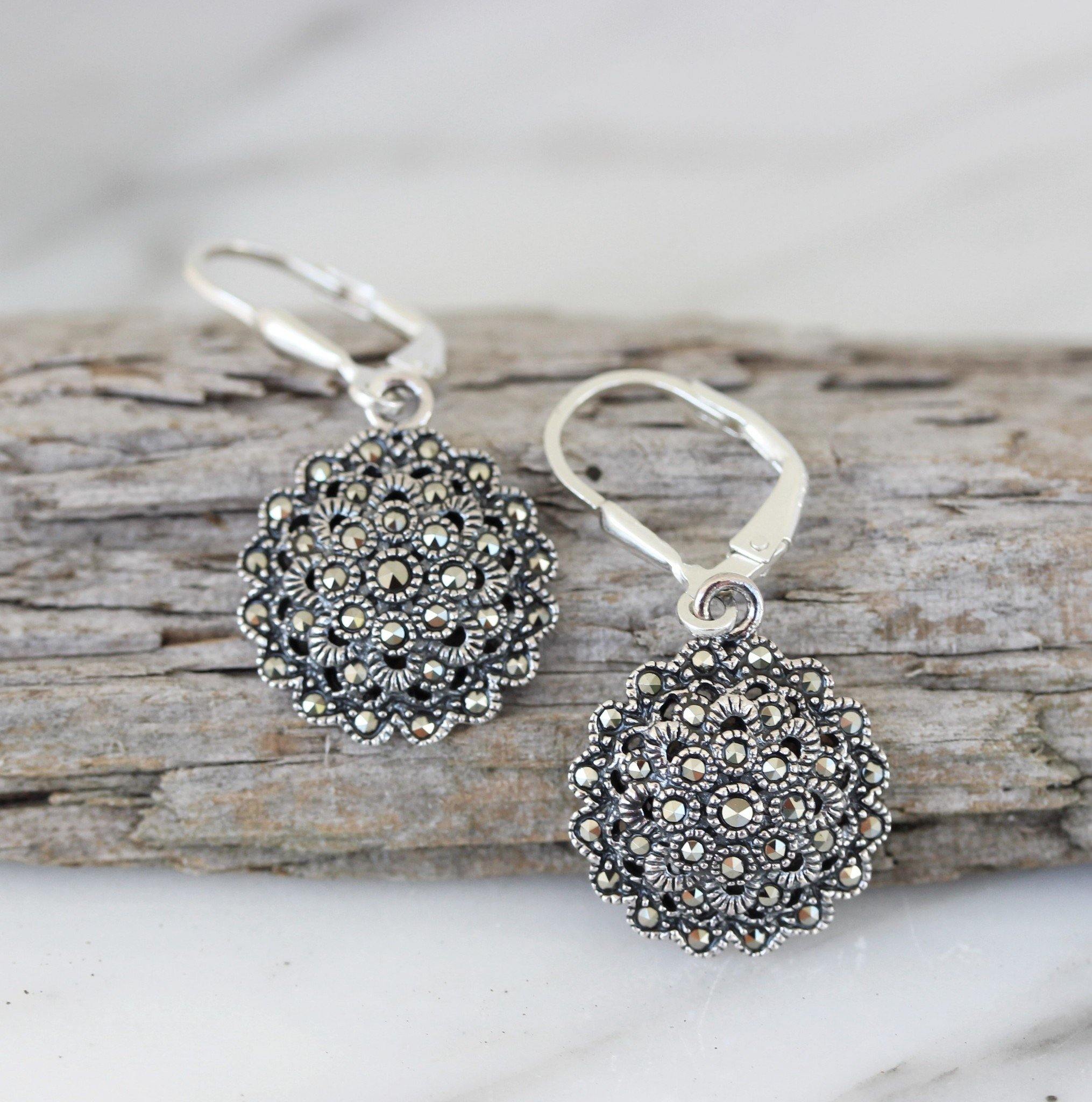 Sterling Silver Marcasite Vintage Style 15mm Round Leverback Drop Earrings - STERLING SILVER DESIGNS