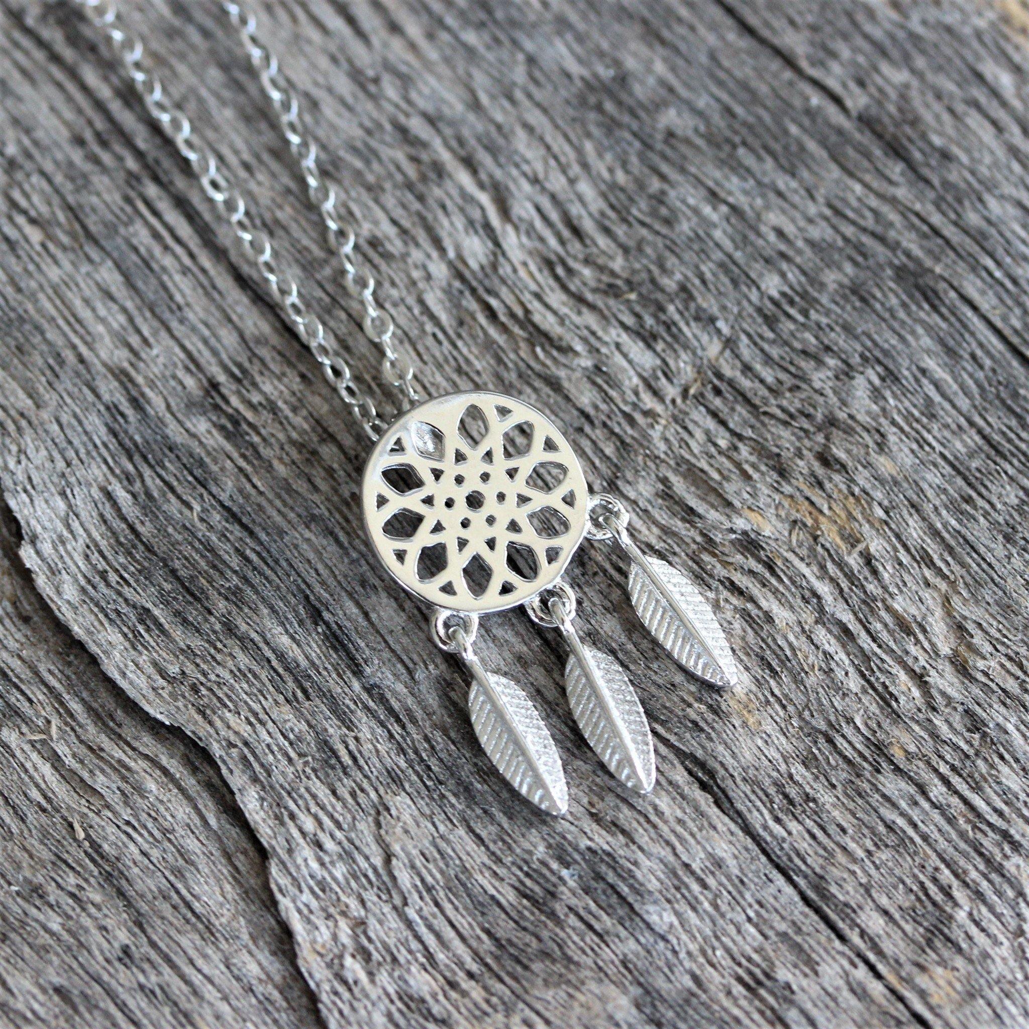 Sterling Silver Small Dream Catcher Feather Pendant Necklace 41cm + 4cm Ext - STERLING SILVER DESIGNS