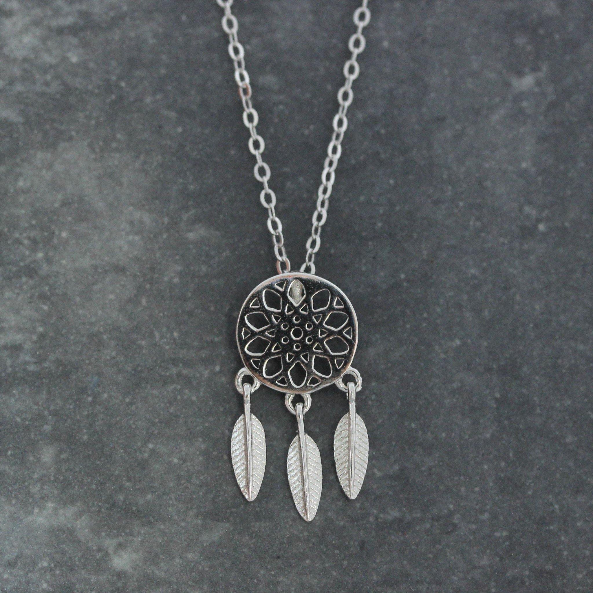 Sterling Silver Small Dream Catcher Feather Pendant Necklace 41cm + 4cm Ext - STERLING SILVER DESIGNS