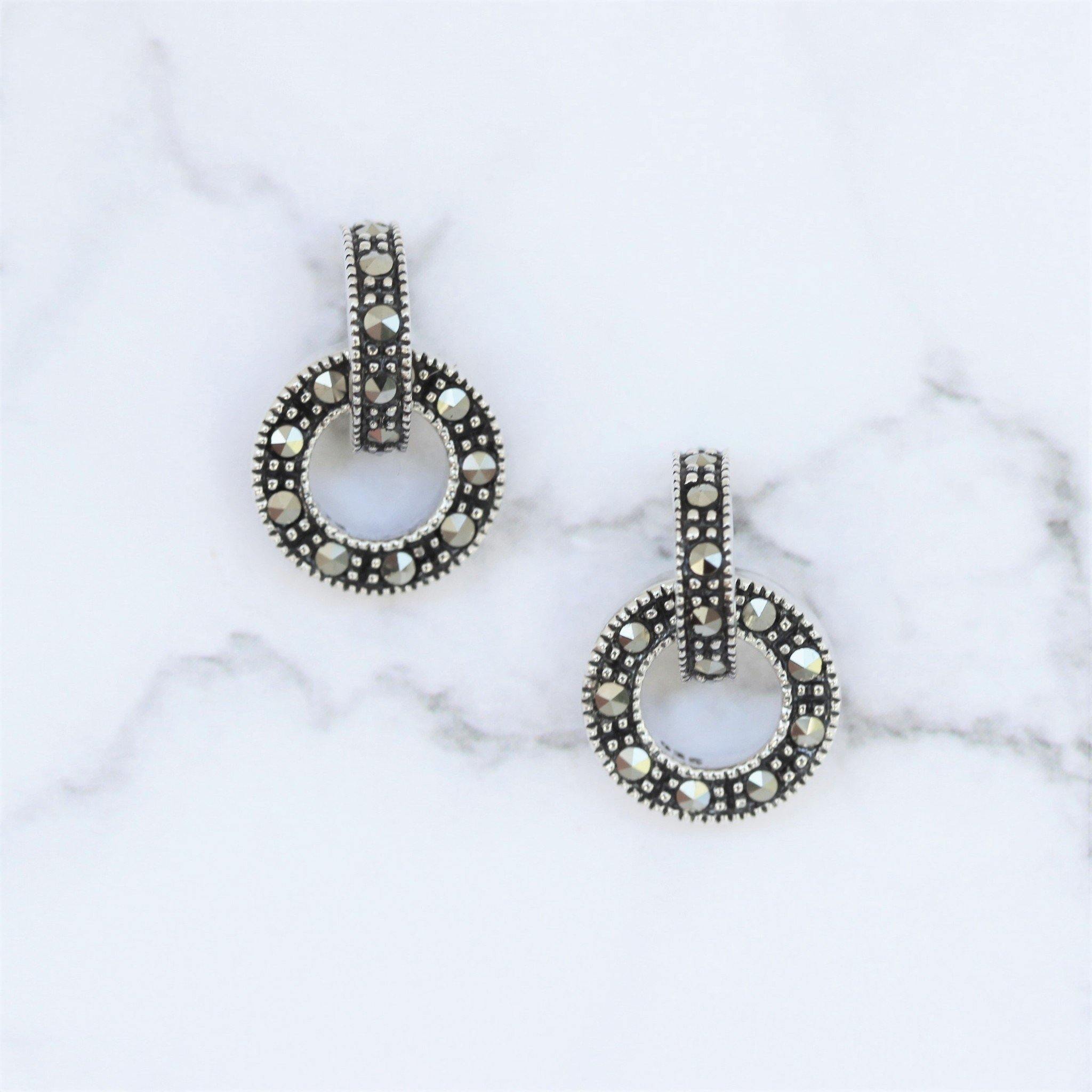 Sterling Silver Marcasite Circle Drop Stud Earrings - STERLING SILVER DESIGNS