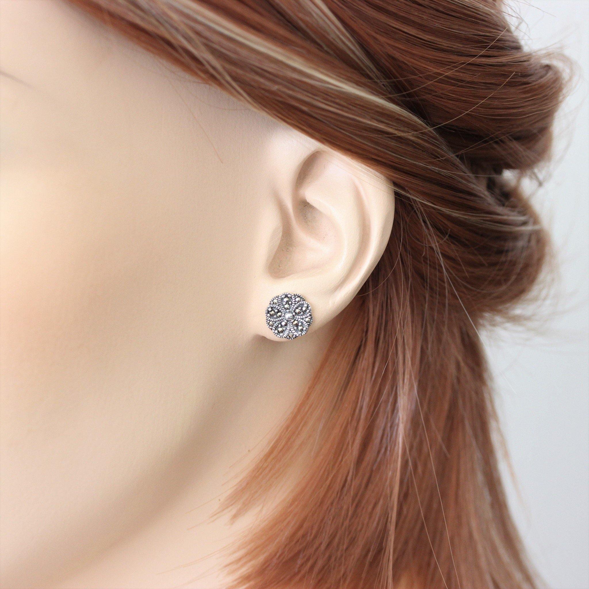 Sterling Silver Marcasite 10mm Round Vintage Inspired Flower Stud Earrings - STERLING SILVER DESIGNS