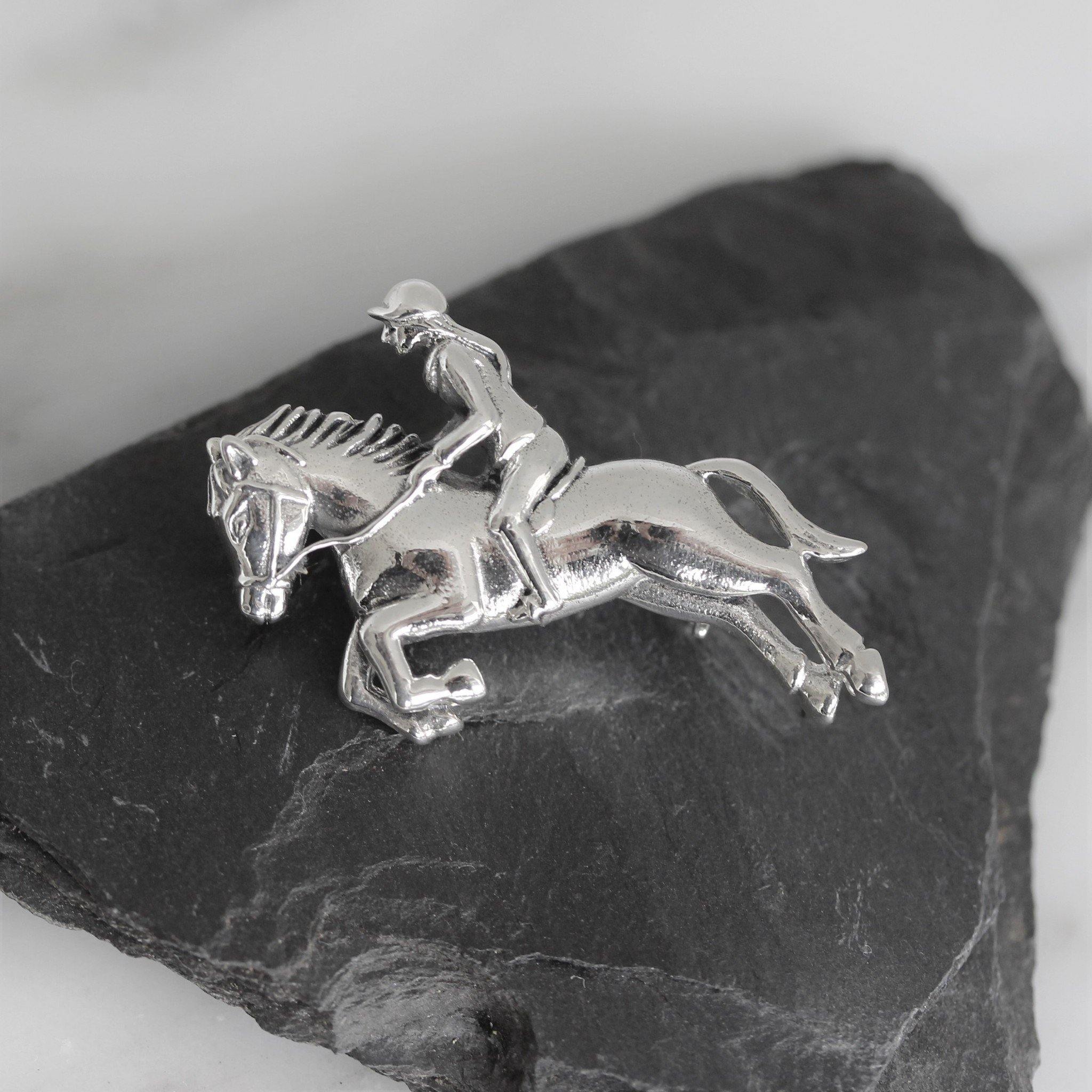 Sterling Silver Girl Lady Riding Jumping Horse Brooch Pin Equestrian - STERLING SILVER DESIGNS