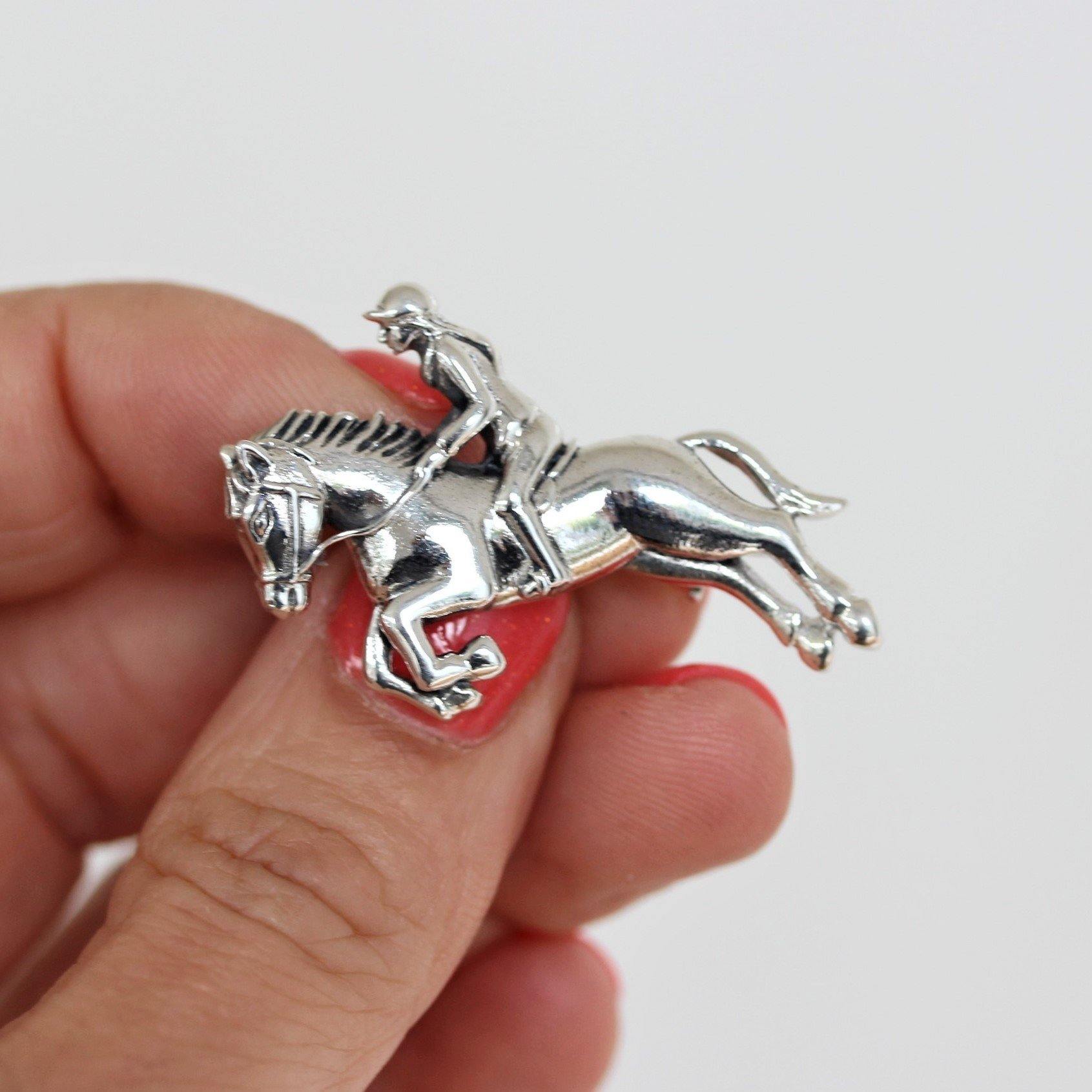 Sterling Silver Girl Lady Riding Jumping Horse Brooch Pin Equestrian - STERLING SILVER DESIGNS