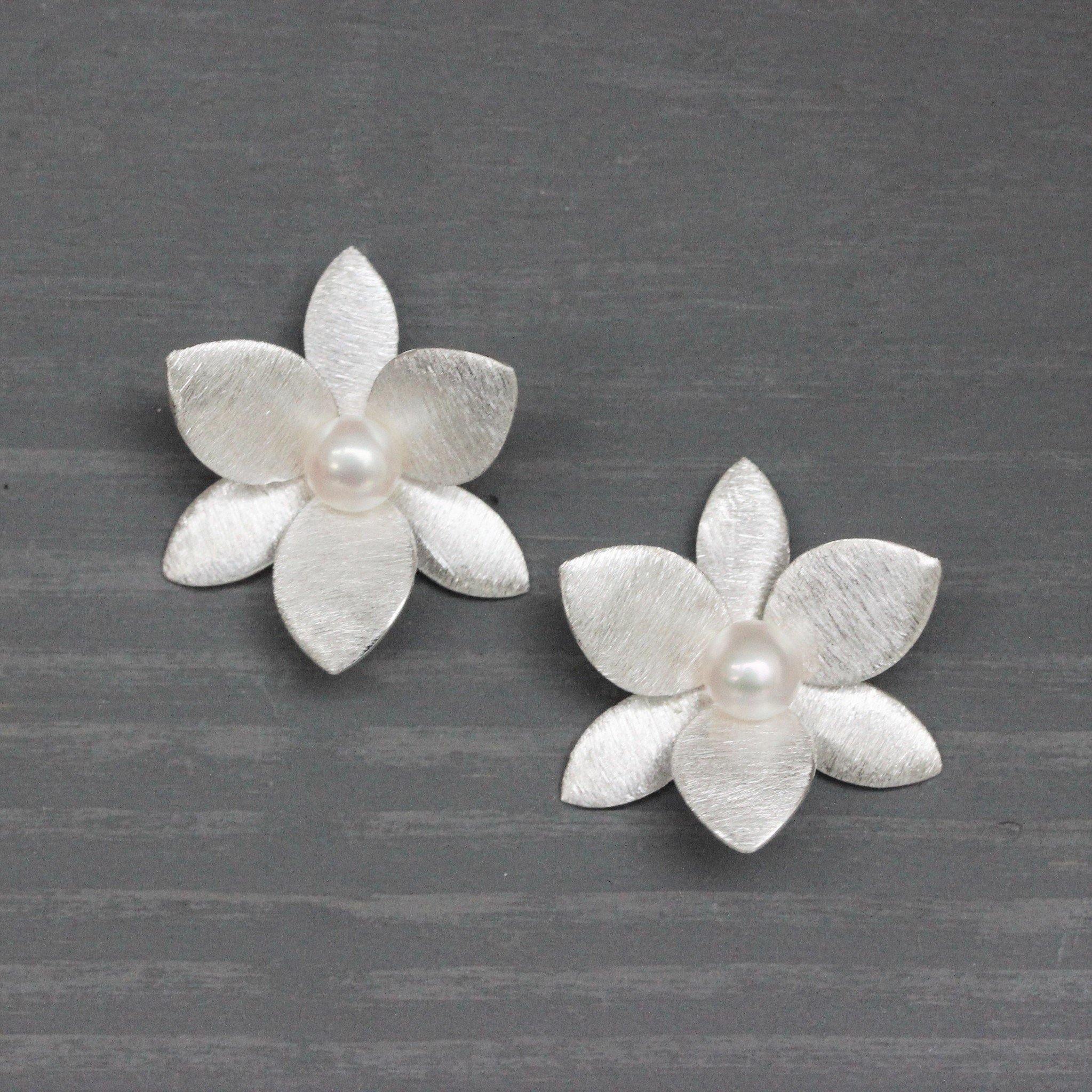 Sterling Silver Big 25mm Pearl Flower Brushed Matt Finish Earrings - STERLING SILVER DESIGNS