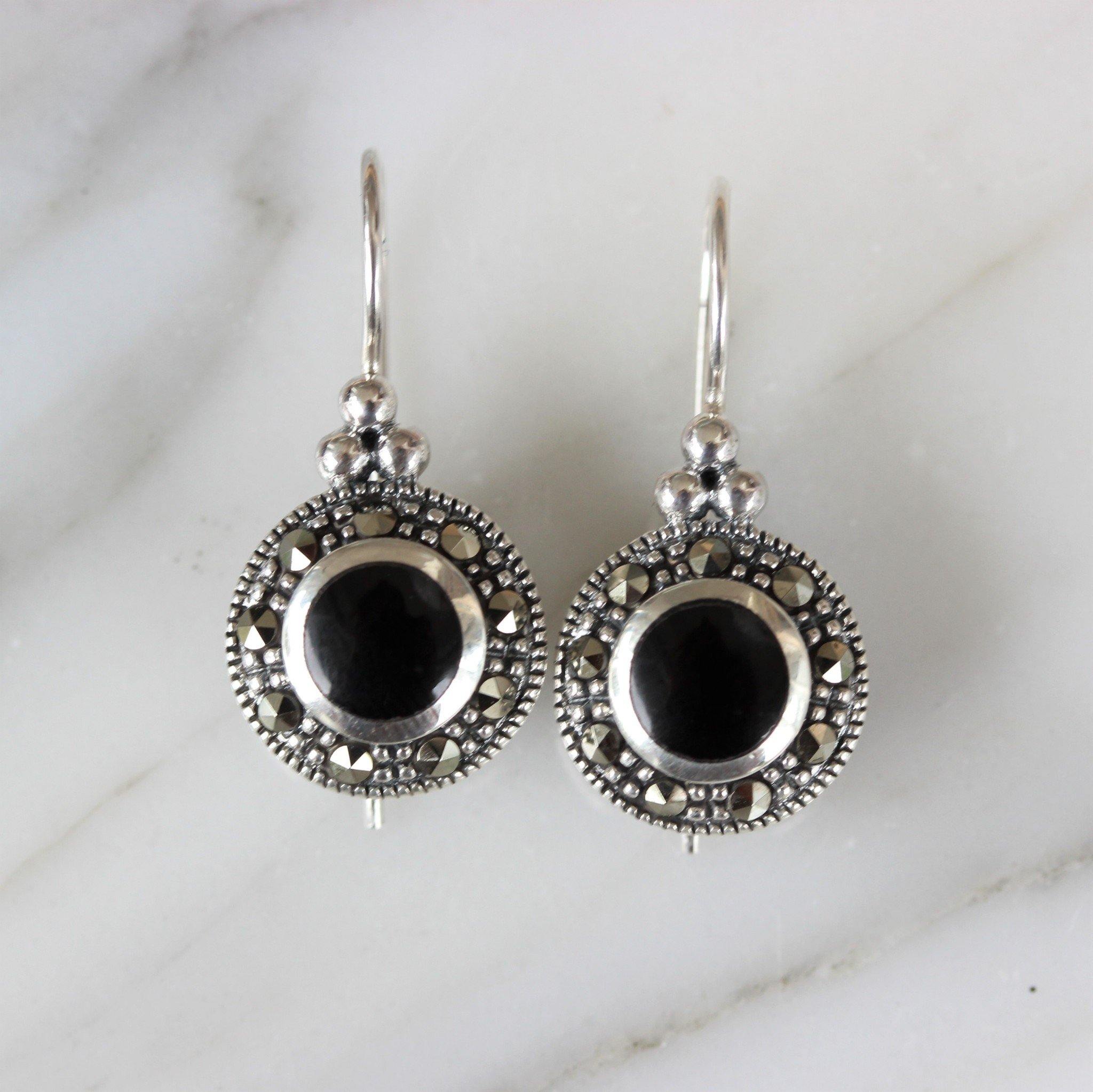 Sterling Silver Marcasite & Black Onyx Round Halo French Hook Drop Earrings - STERLING SILVER DESIGNS