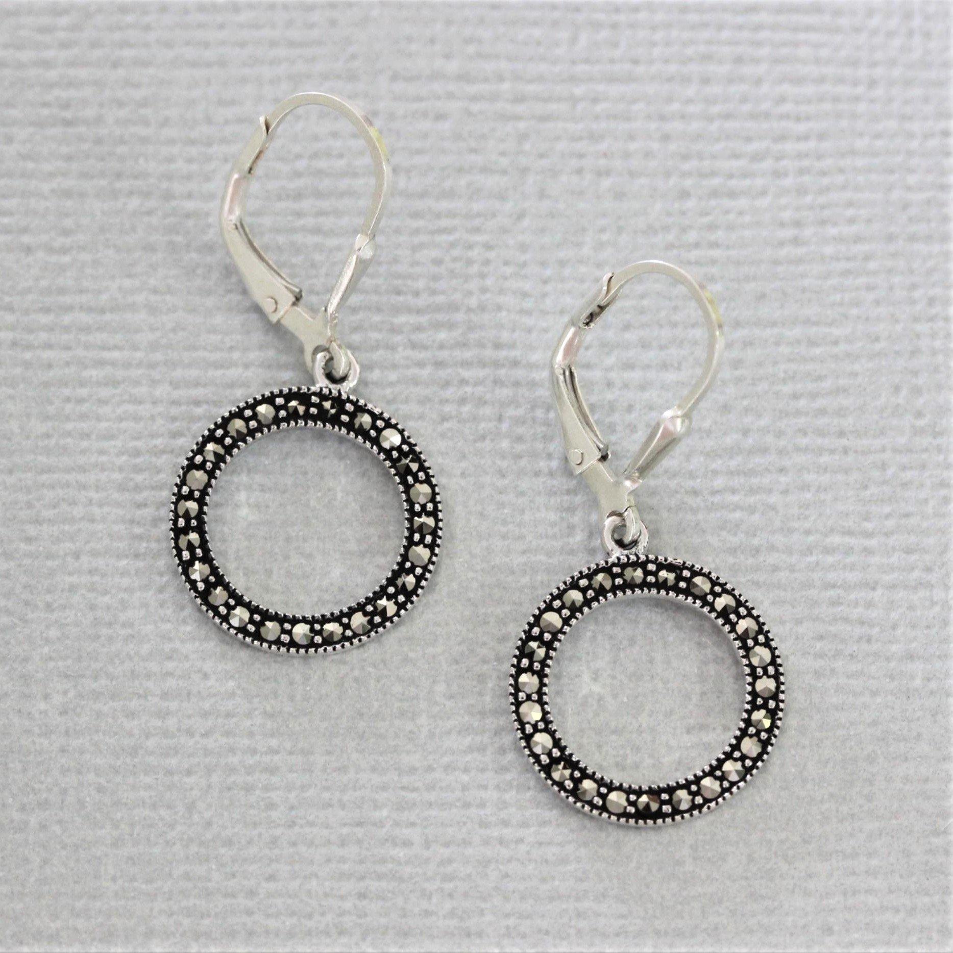 Sterling Silver Marcasite 15mm Cut Out Circle "O" Leverback Drop Earring - STERLING SILVER DESIGNS
