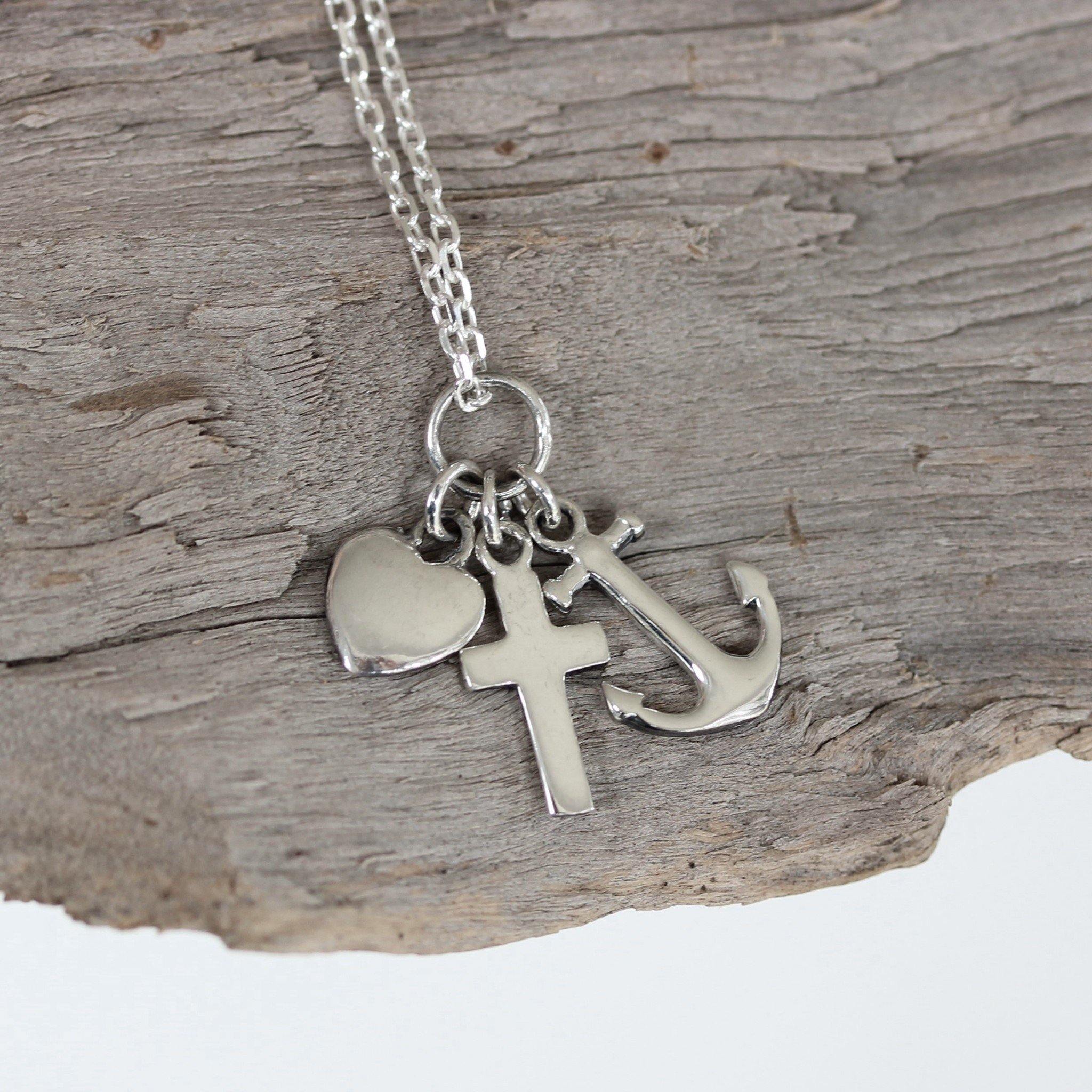 Sterling Silver Anchor, Cross & Heart Charm Dangle Pendant Necklace - STERLING SILVER DESIGNS