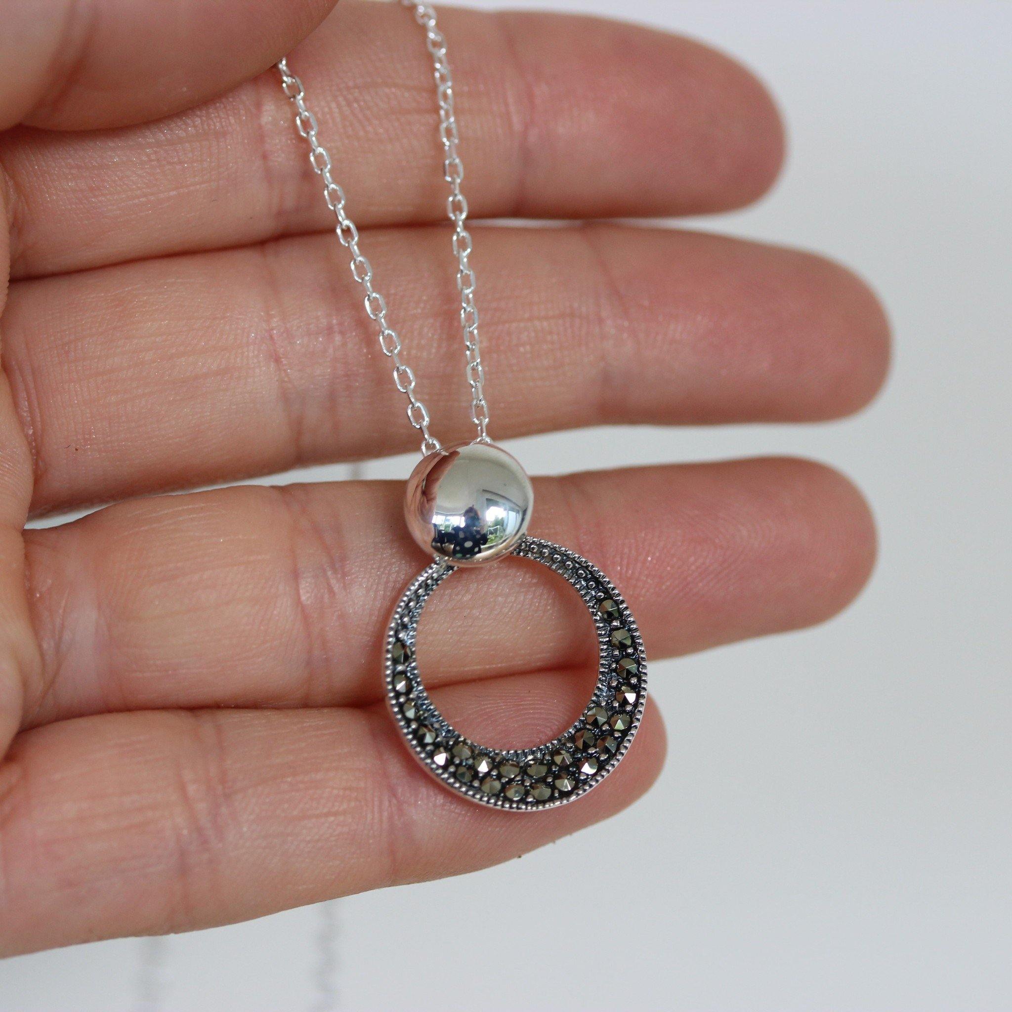 Sterling Silver Marcasite Cut Out Circle "O" Pendant Necklace - STERLING SILVER DESIGNS