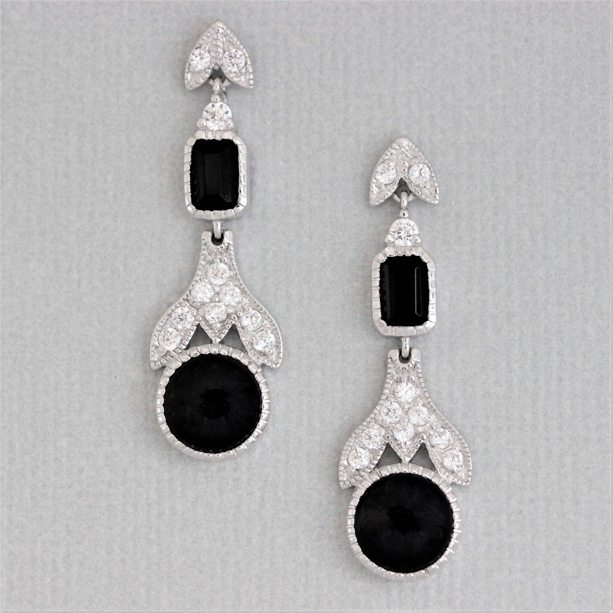 Sterling Silver Art Deco Style Black Onyx & CZ Drop Earrings - STERLING SILVER DESIGNS