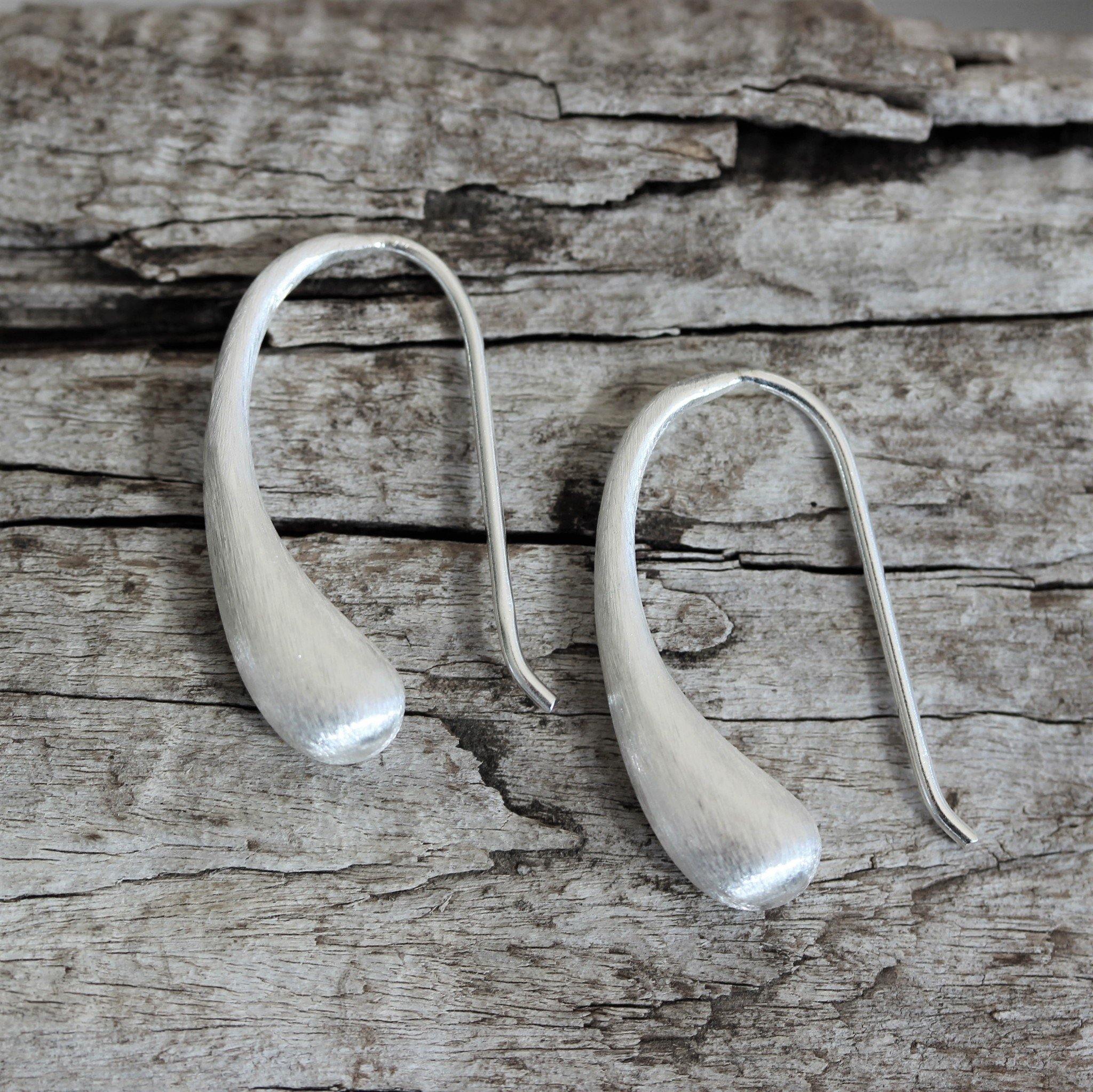 Sterling Silver Modern Brushed Matte Finish Small Hook Drop Earrings - STERLING SILVER DESIGNS