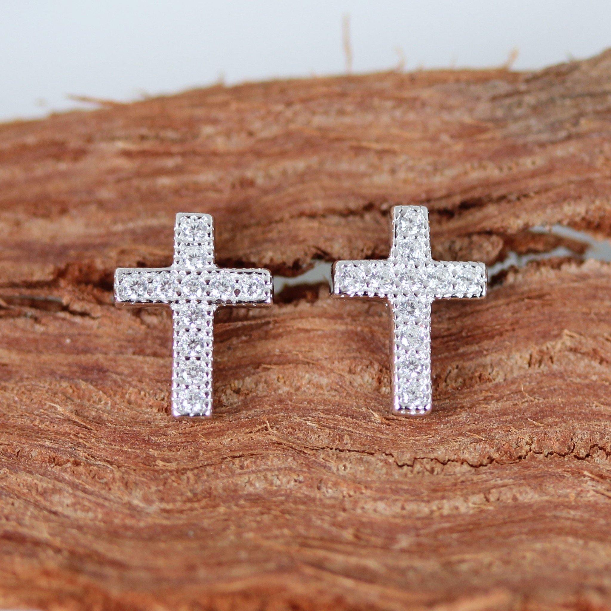 Sterling Silver Vintage Inspired CZ Religious Cross Stud Earrings - STERLING SILVER DESIGNS