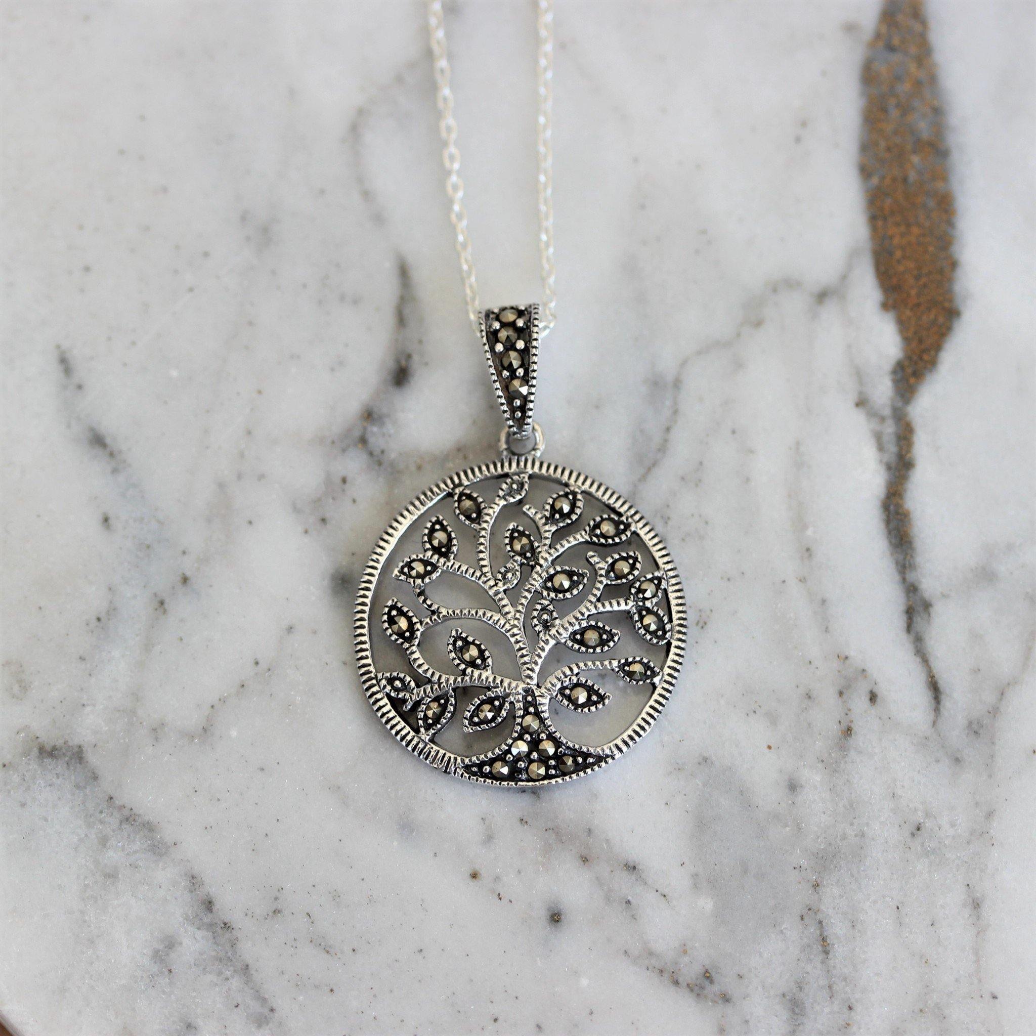 Sterling Silver Tree Of Life Marcasite Necklace Pendant - STERLING SILVER DESIGNS