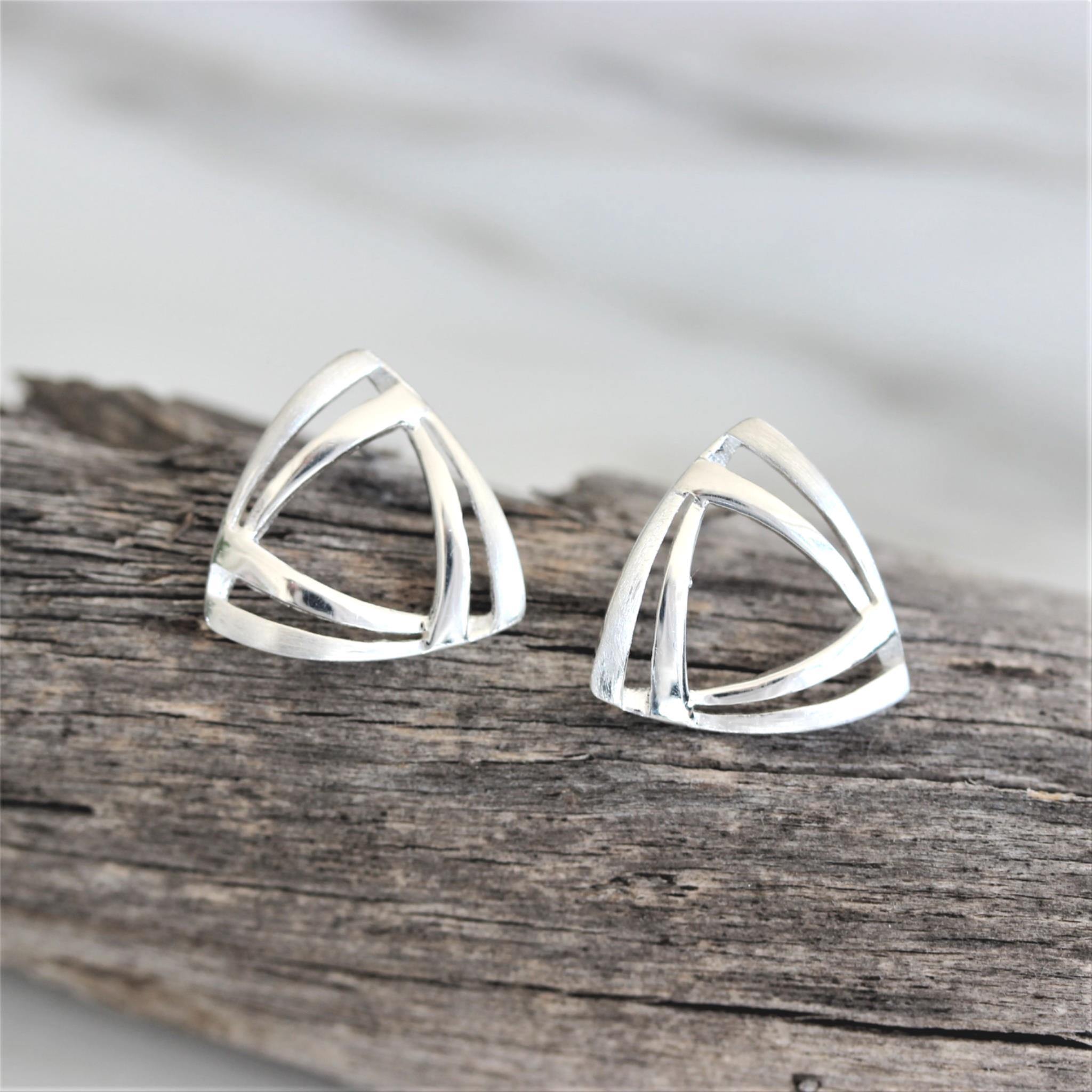 Sterling Silver Cut Out Double Triangle Matte Look Stud Earrings - STERLING SILVER DESIGNS