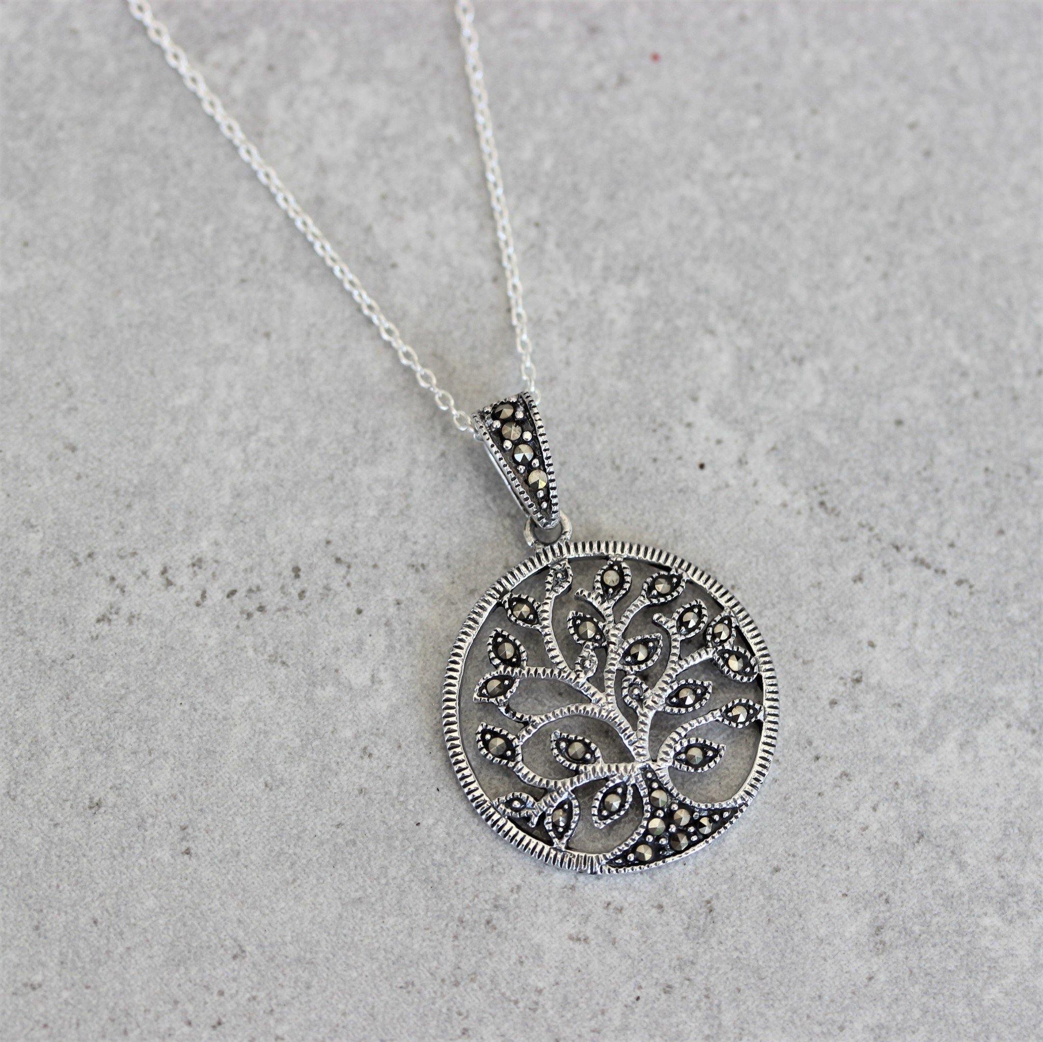 Sterling Silver Tree Of Life Marcasite Necklace Pendant - STERLING SILVER DESIGNS