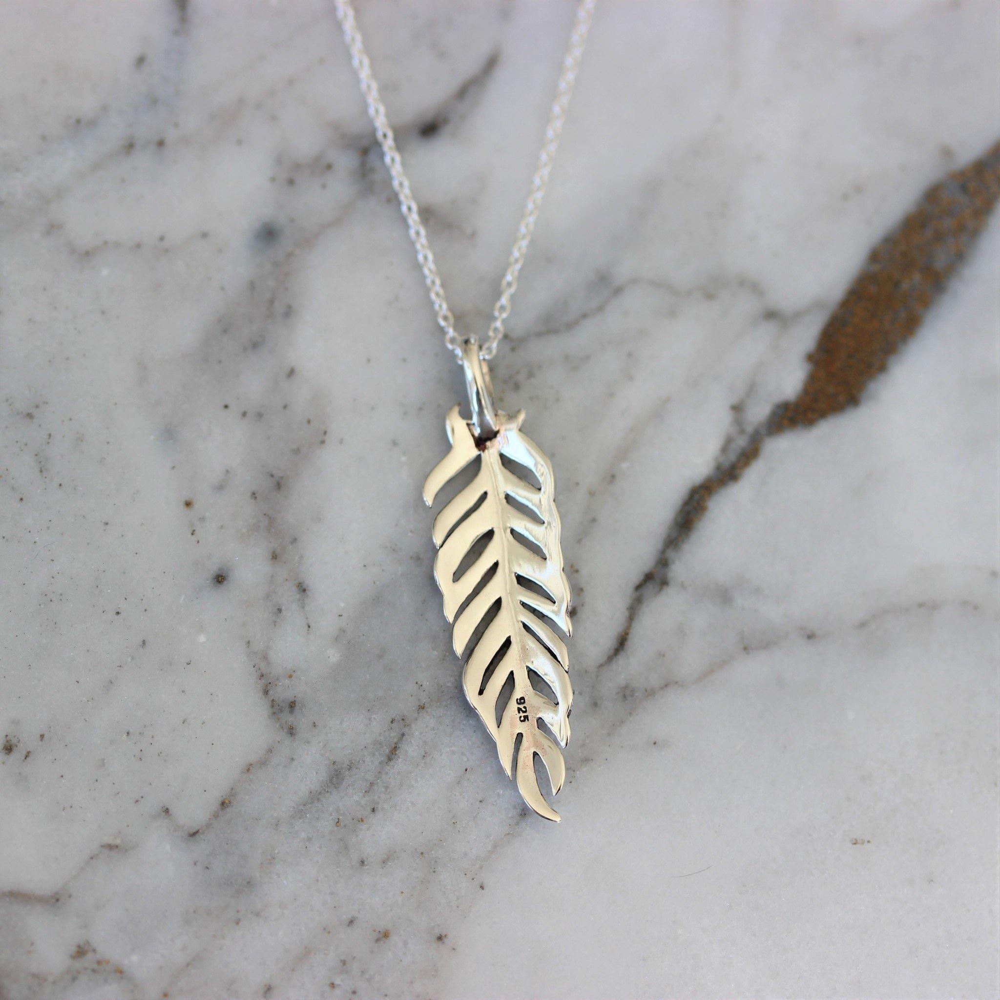 Sterling Silver Marcasite Feather Leaf Leaves Boho Necklace Pendant 42+3cm - STERLING SILVER DESIGNS