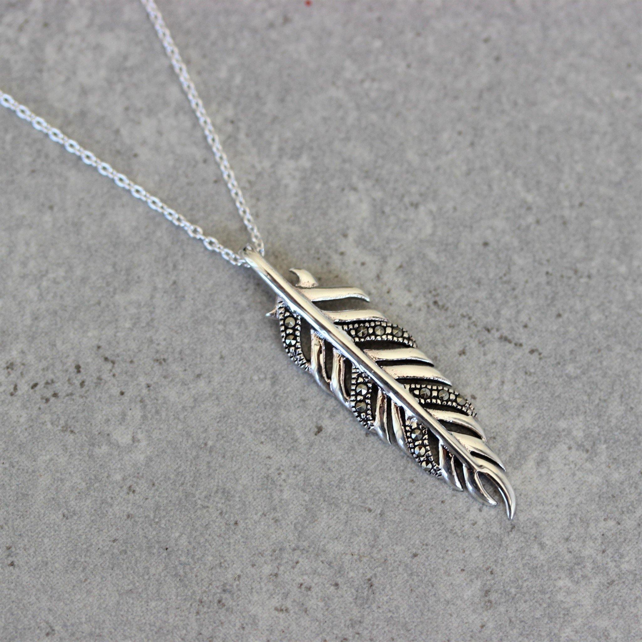 Sterling Silver Marcasite Feather Leaf Leaves Boho Necklace Pendant 42+3cm - STERLING SILVER DESIGNS