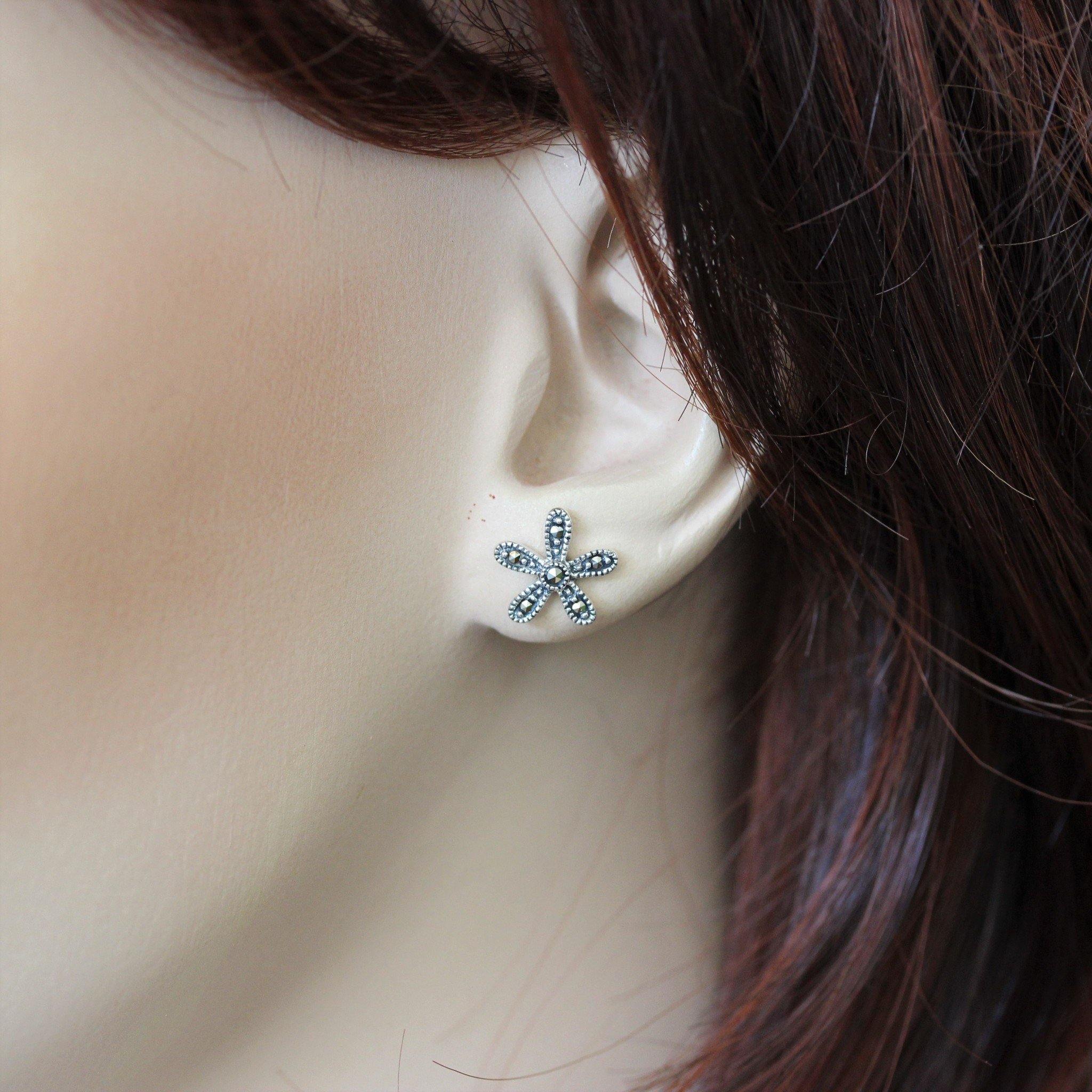Sterling Silver Marcasite 10mm Flower Stud Earrings - STERLING SILVER DESIGNS