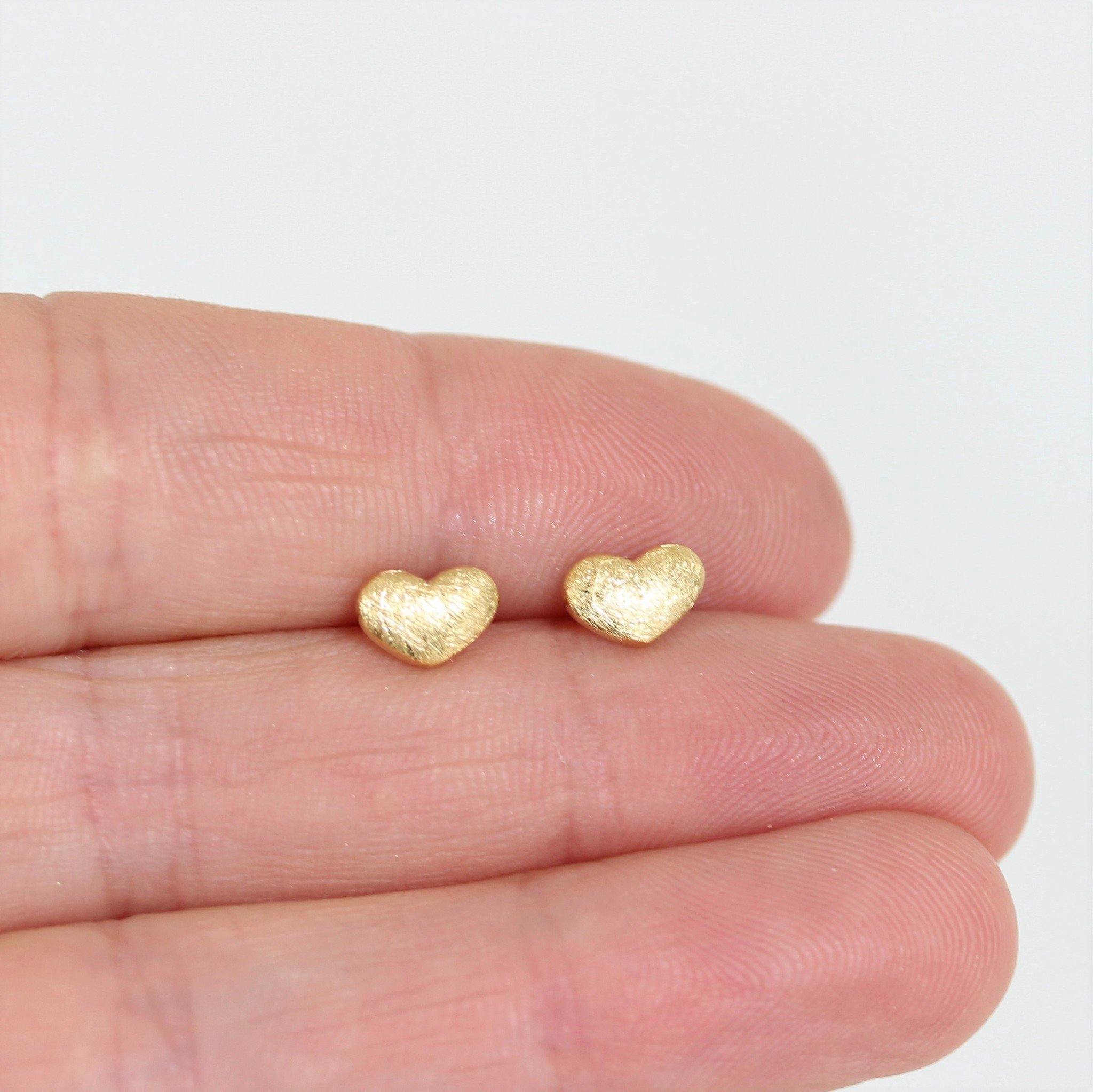 Sterling Silver Yellow Gold Plated Brushed Matte Finish Small Heart Stud Earrings - STERLING SILVER DESIGNS
