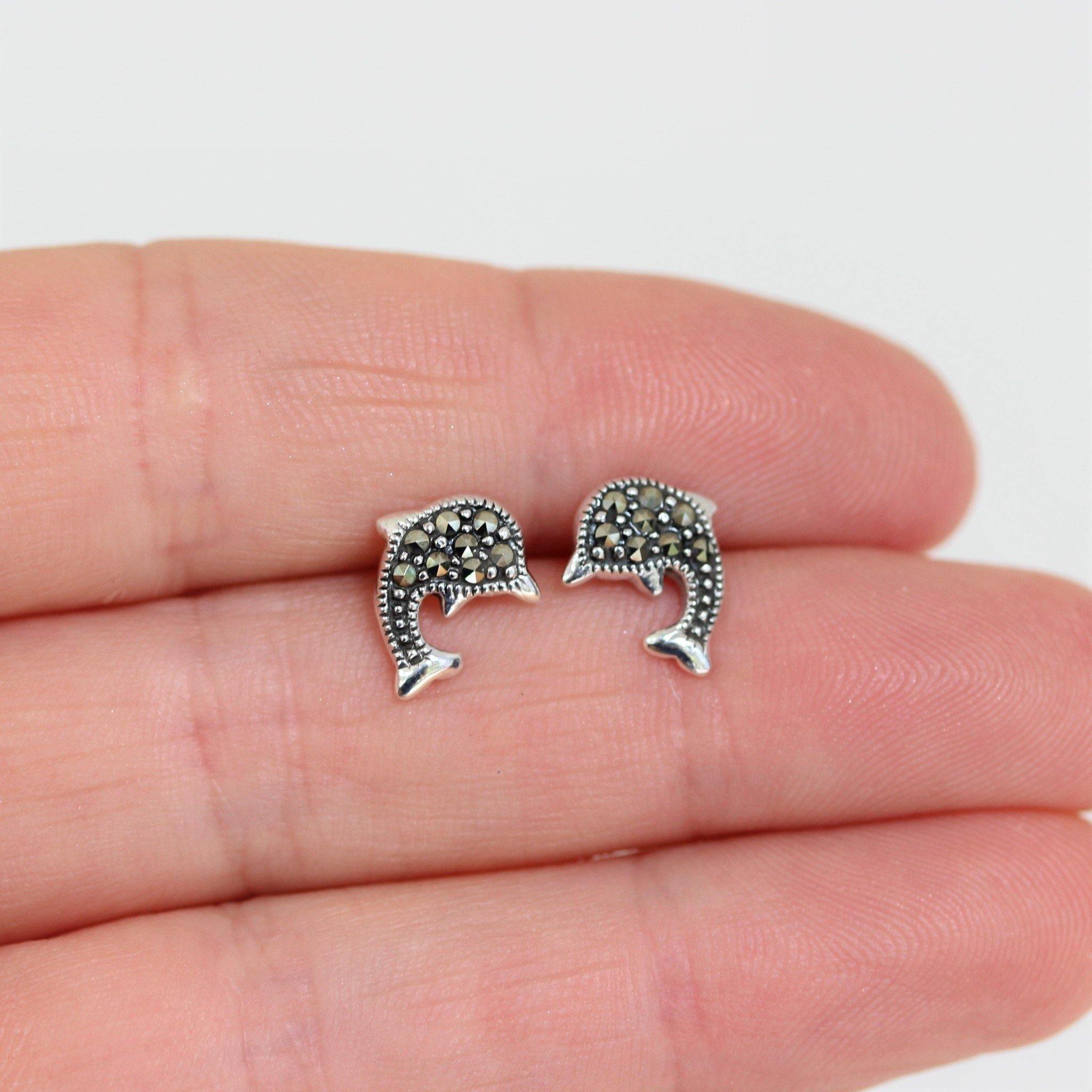 Sterling Silver Marcasite Vintage Style Dolphin Marine Animal Stud Earrings - STERLING SILVER DESIGNS