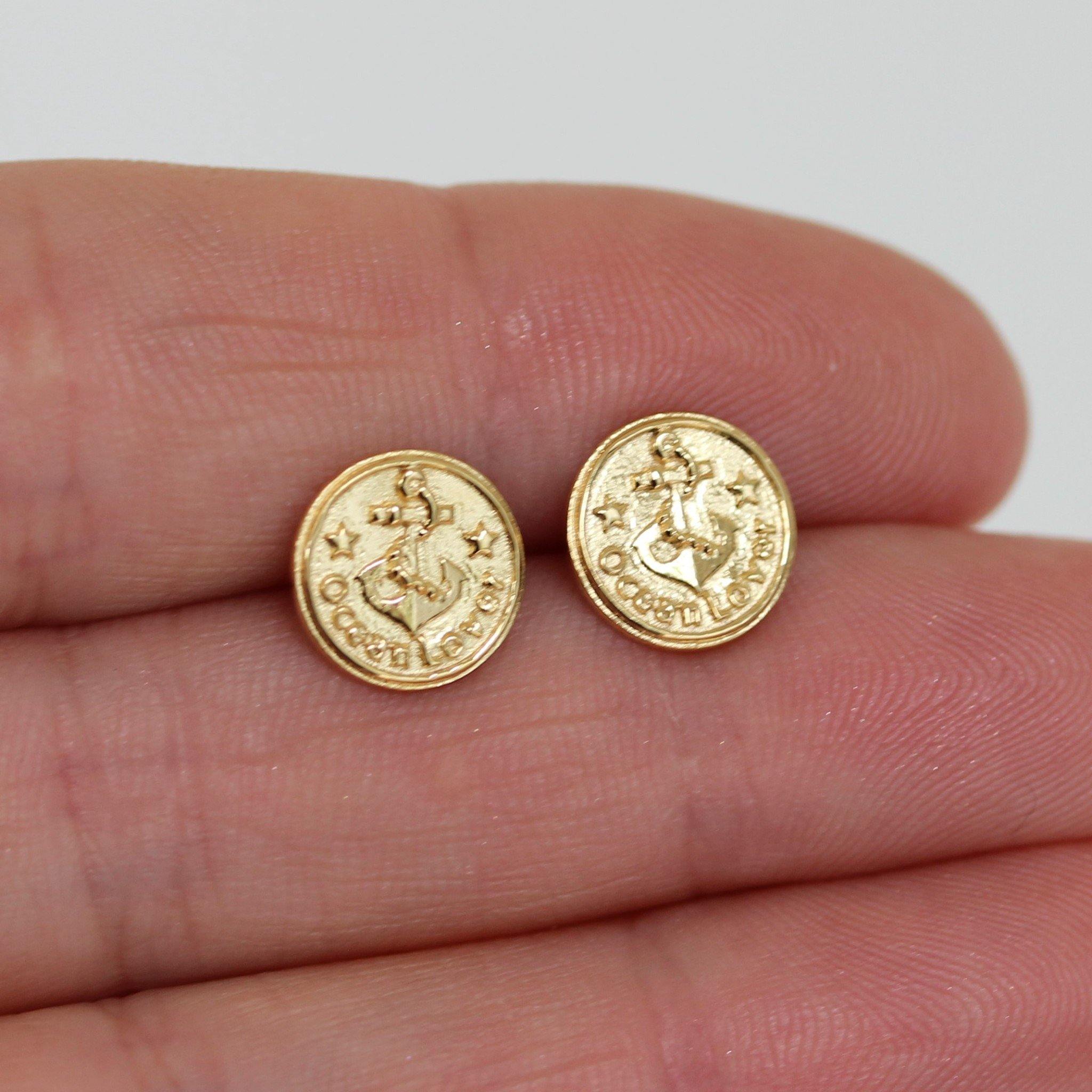 10mm Round Anchor Medallion Stud Earrings - Yellow Gold Plated Sterling Silver - STERLING SILVER DESIGNS