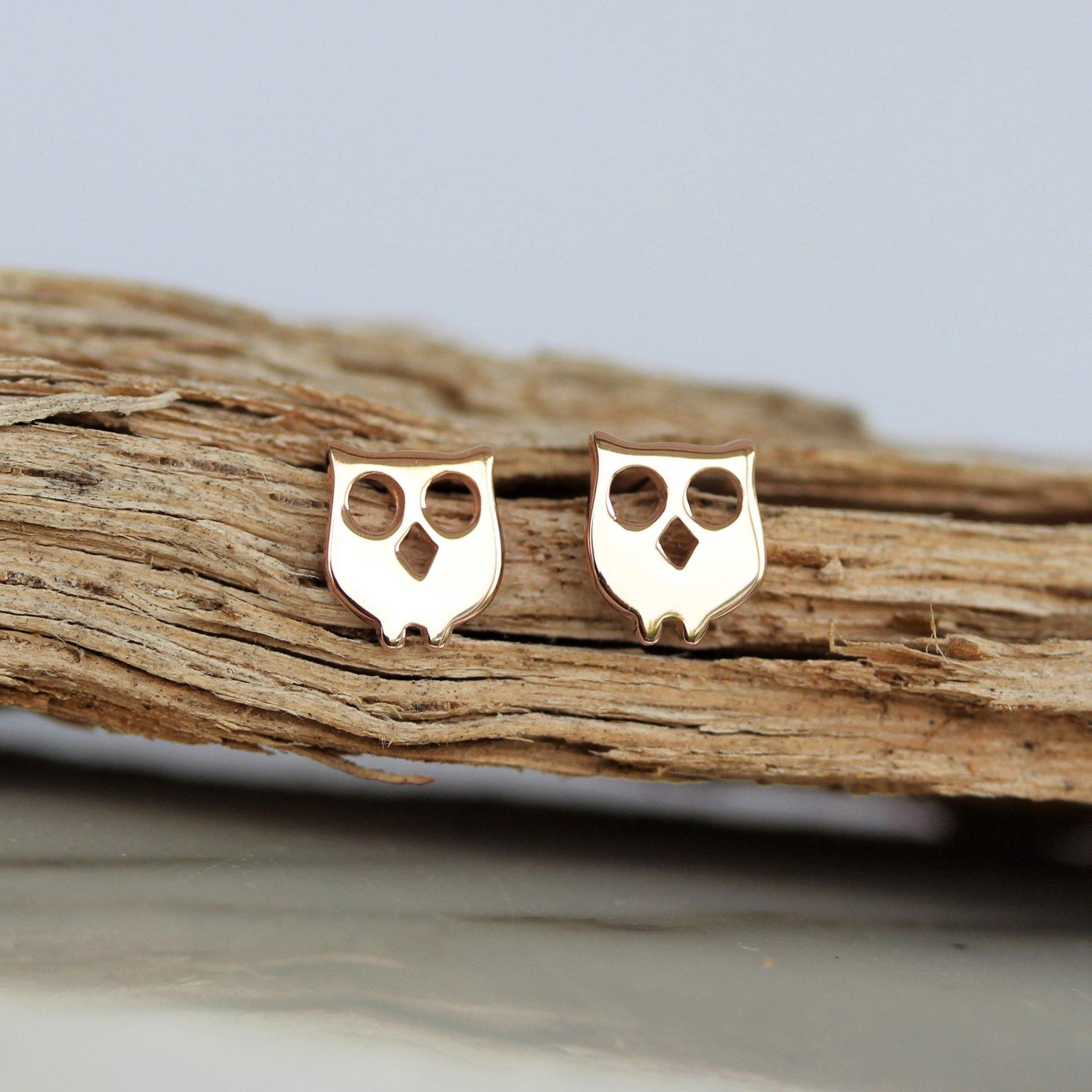 Sterling Silver Rose Gold Plated Owl Bird Stud Earrings Plain Silver - STERLING SILVER DESIGNS
