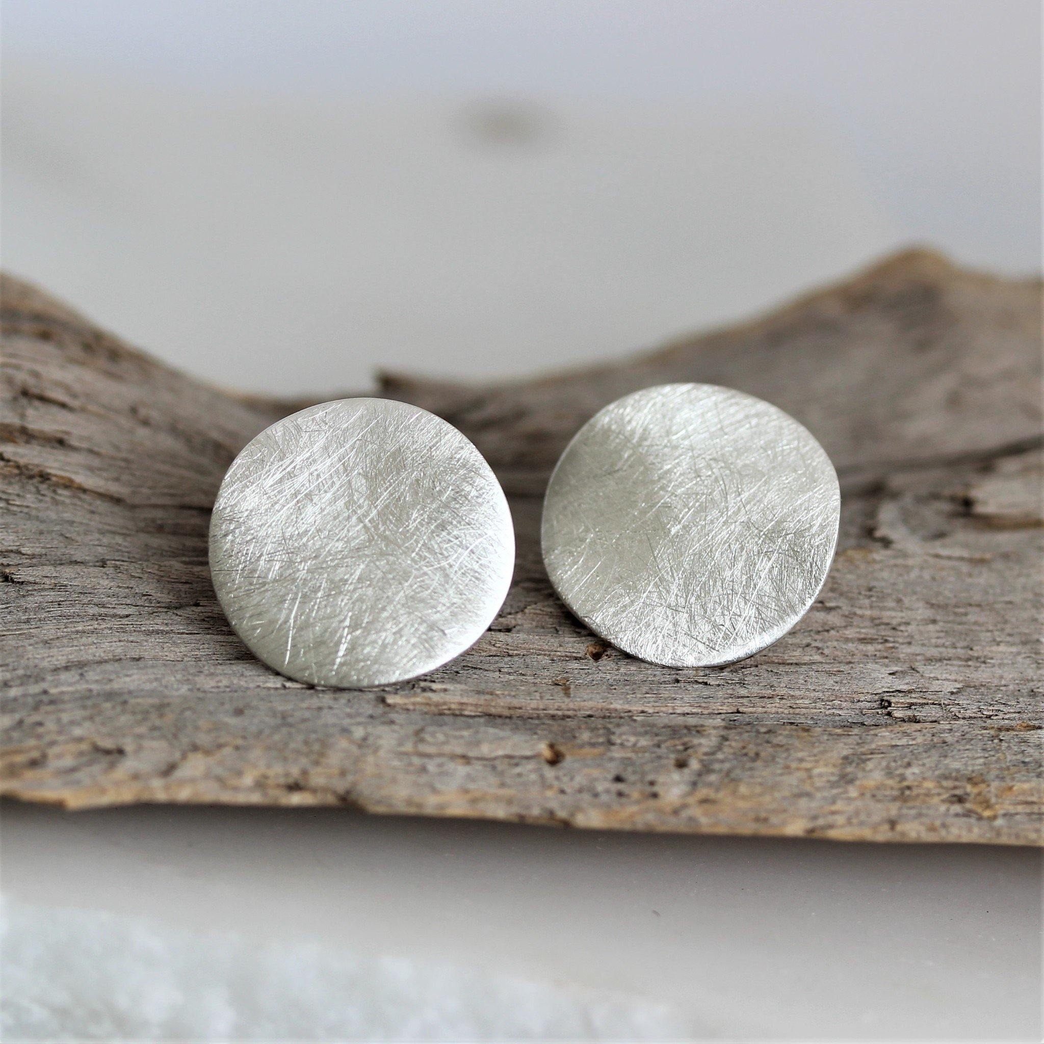 Sterling Silver Big Round Concave 17mm Brushed Matte Finish Silver Stud Earrings - STERLING SILVER DESIGNS