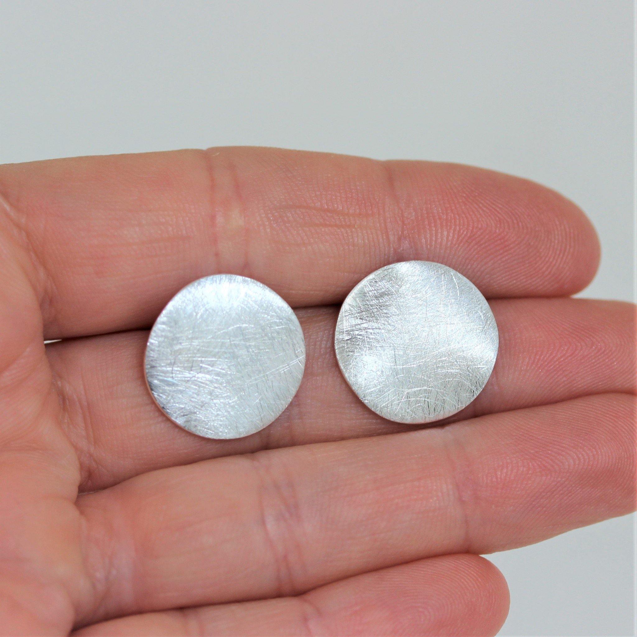 Sterling Silver Big Round Concave 17mm Brushed Matte Finish Silver Stud Earrings - STERLING SILVER DESIGNS