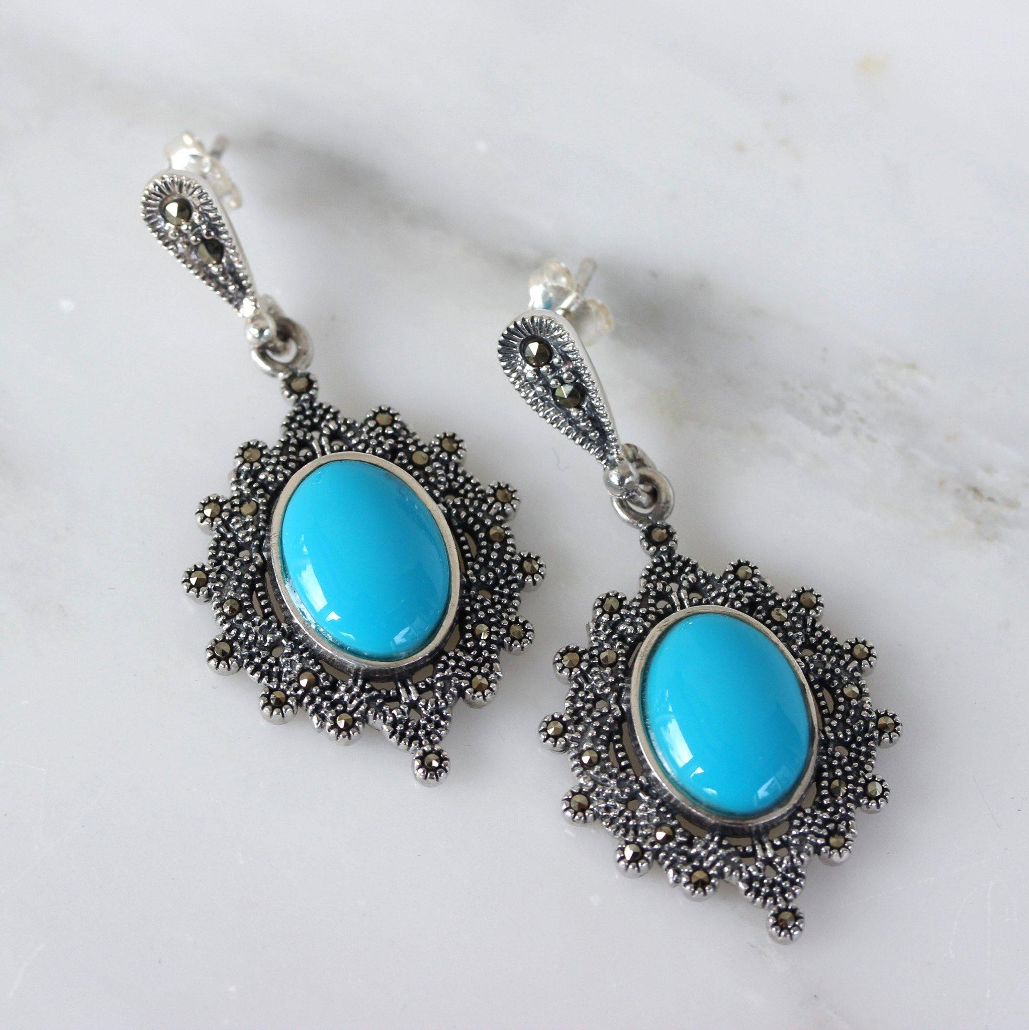 Sterling Silver Oval Marcasite & Turquoise Drop Dangle Earrings - STERLING SILVER DESIGNS