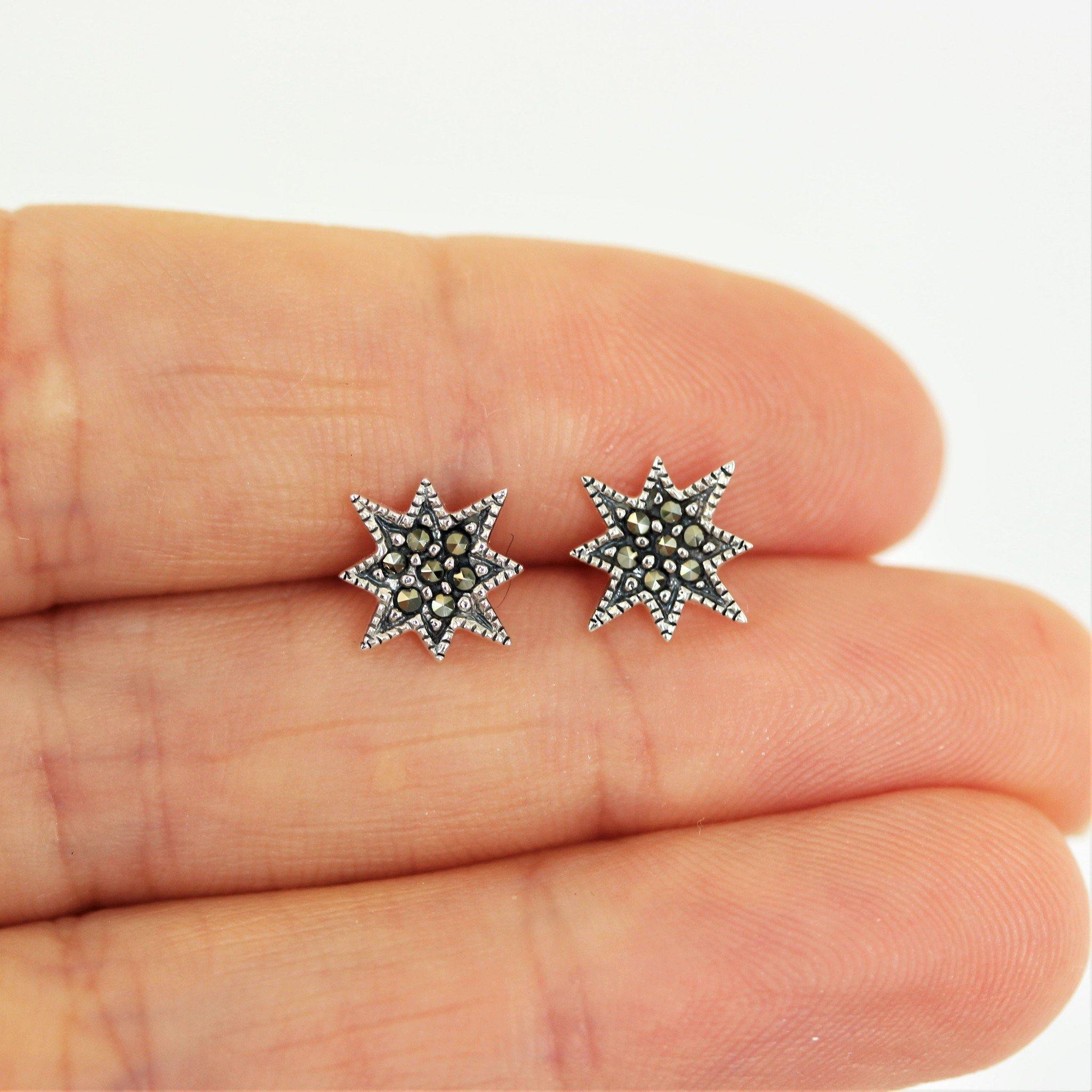 Sterling Silver Vintage Inspired Marcasite 10mm Pointy Star Stud Earrings - STERLING SILVER DESIGNS