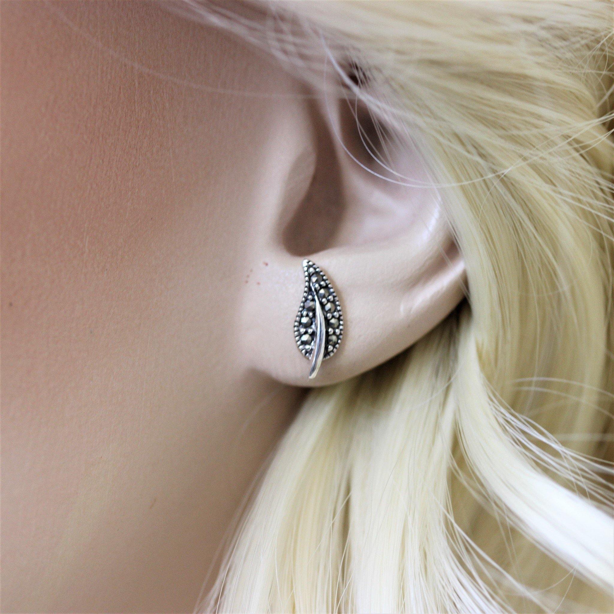 Sterling Silver Small Feather Leaf Boho Style Marcasite Stud Earrings - STERLING SILVER DESIGNS