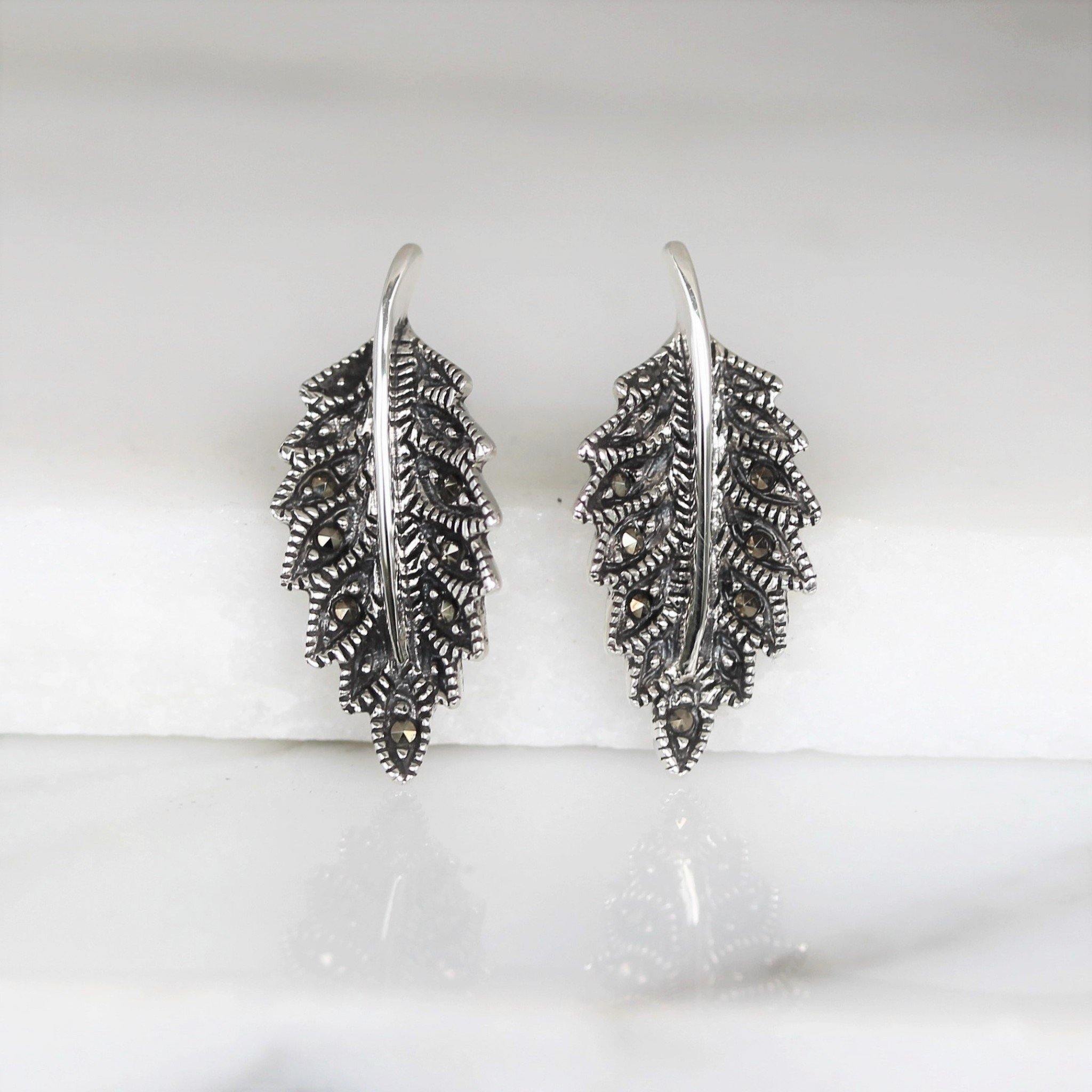 Sterling Silver Vintage Style Big Marcasite Feather Stud Earrings - STERLING SILVER DESIGNS