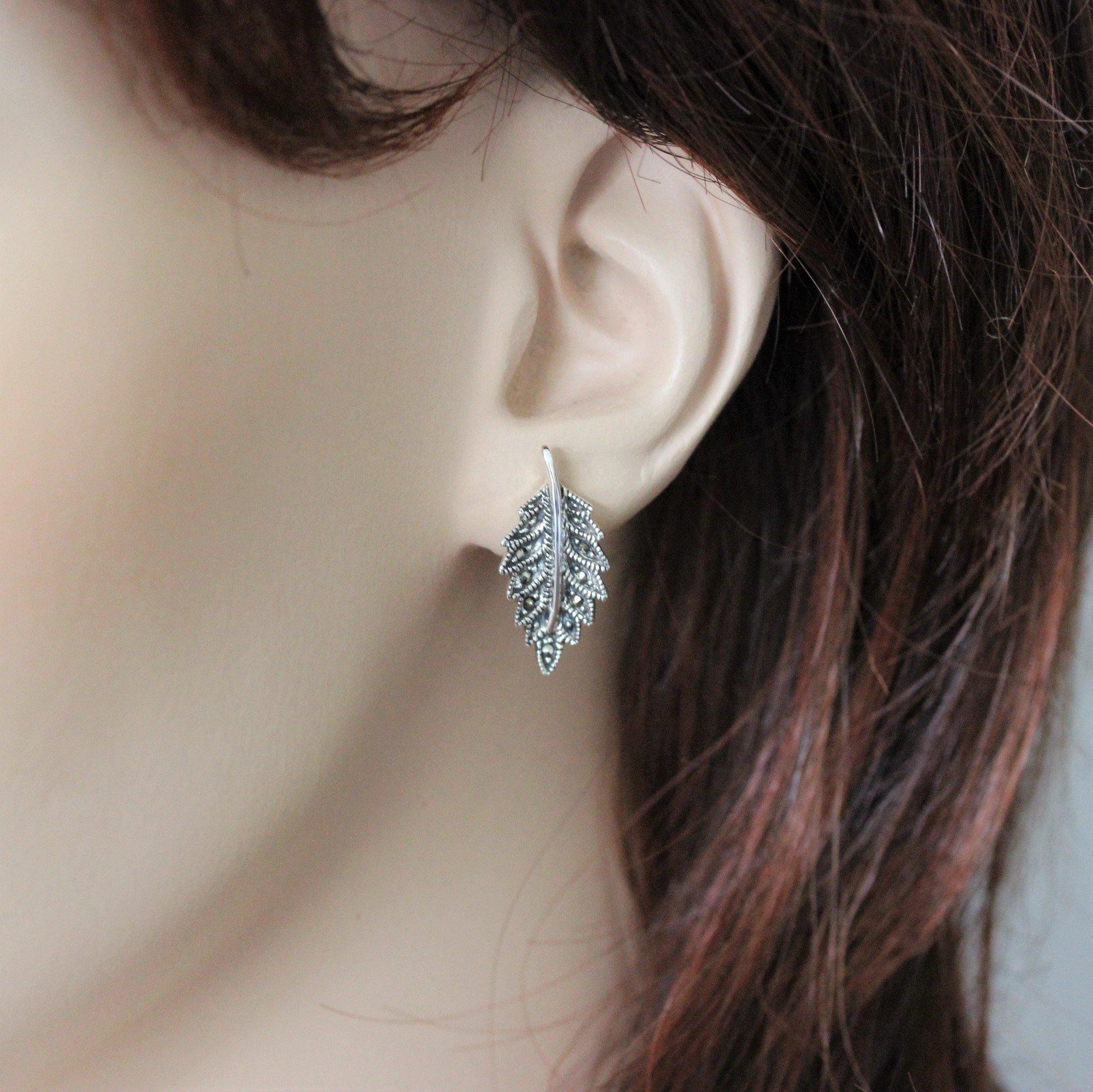 Sterling Silver Vintage Style Big Marcasite Feather Stud Earrings - STERLING SILVER DESIGNS