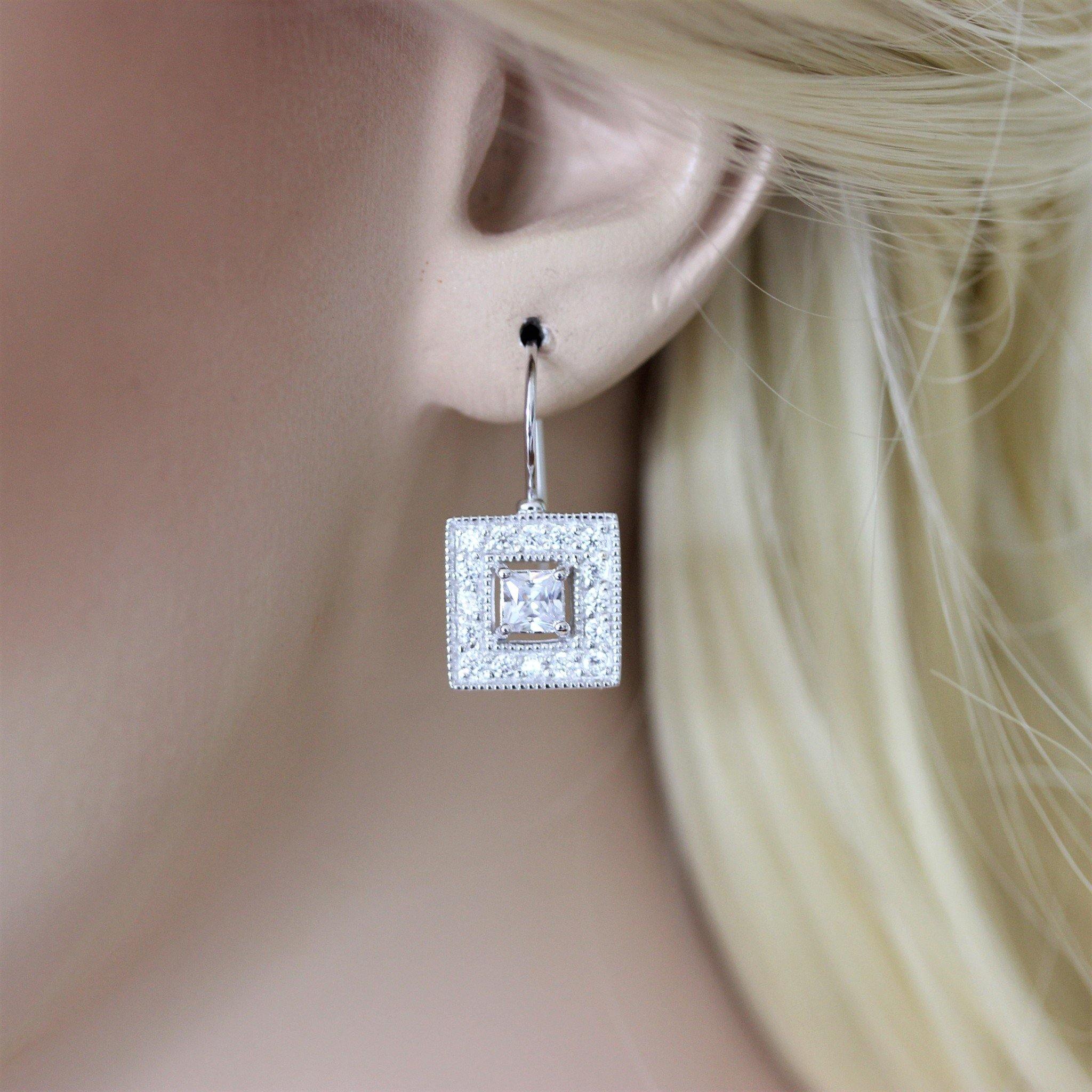 Sterling Silver Bridal Art Deco Vintage Inspired Square Halo CZ Drop Earrings - STERLING SILVER DESIGNS