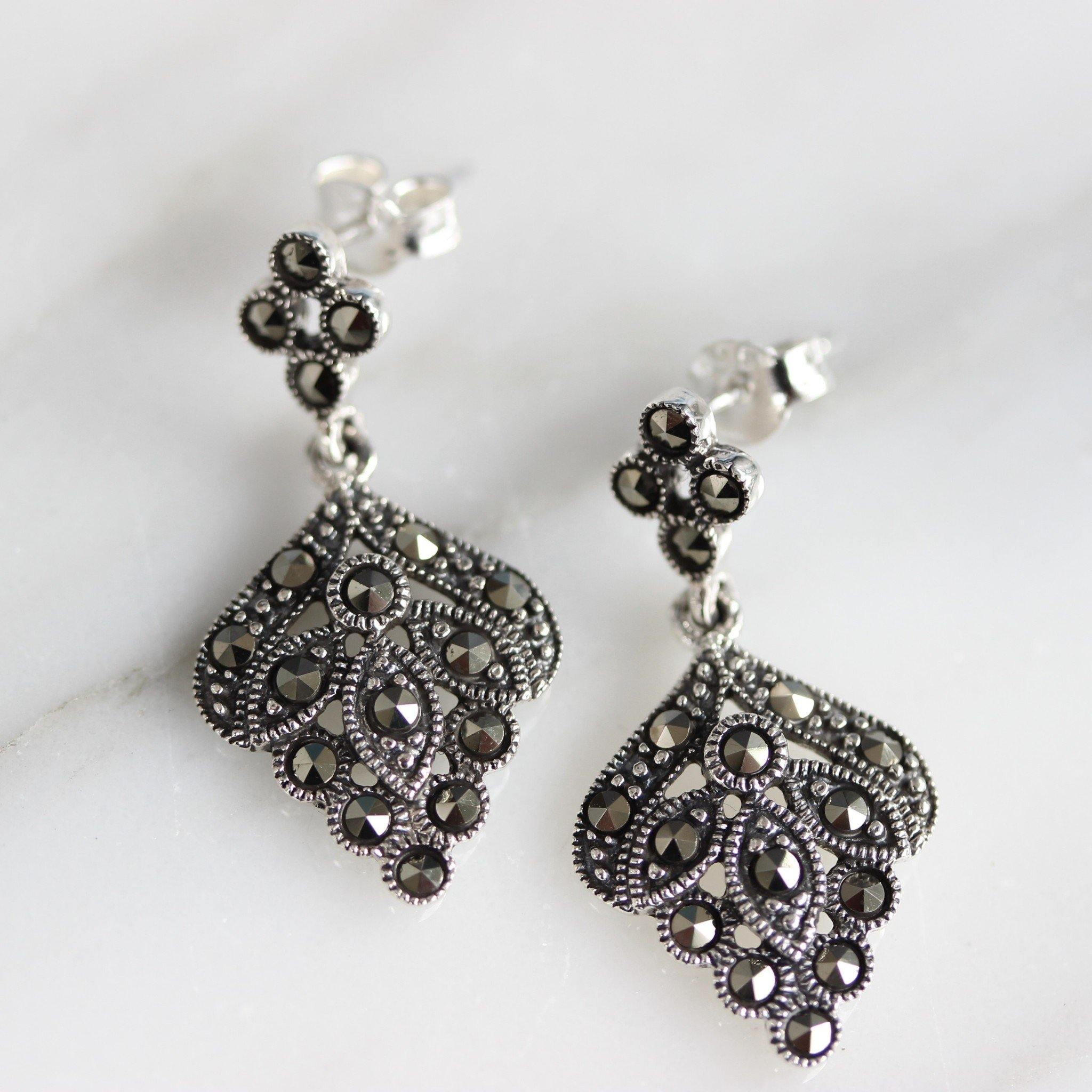 Sterling Silver Marcasite Vintage Style Drop Dangle Earrings - STERLING SILVER DESIGNS
