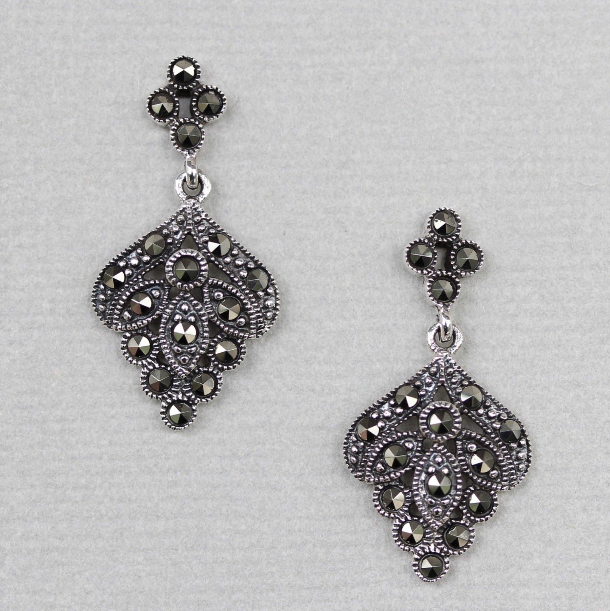 Sterling Silver Marcasite Vintage Style Drop Dangle Earrings - STERLING SILVER DESIGNS