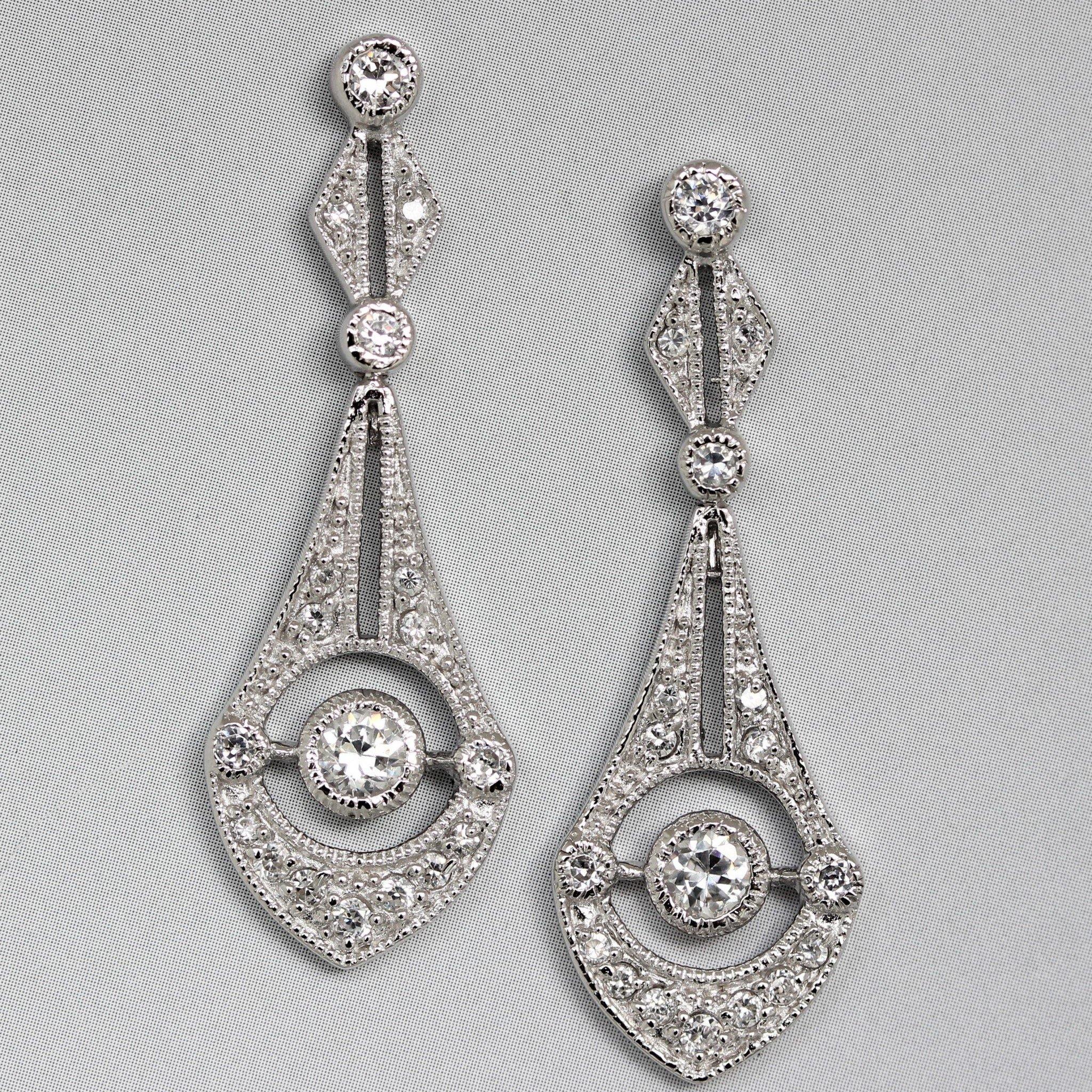 Sterling Silver Bridal Wedding Art Deco Vintage Inspired CZ Drop Earrings - STERLING SILVER DESIGNS