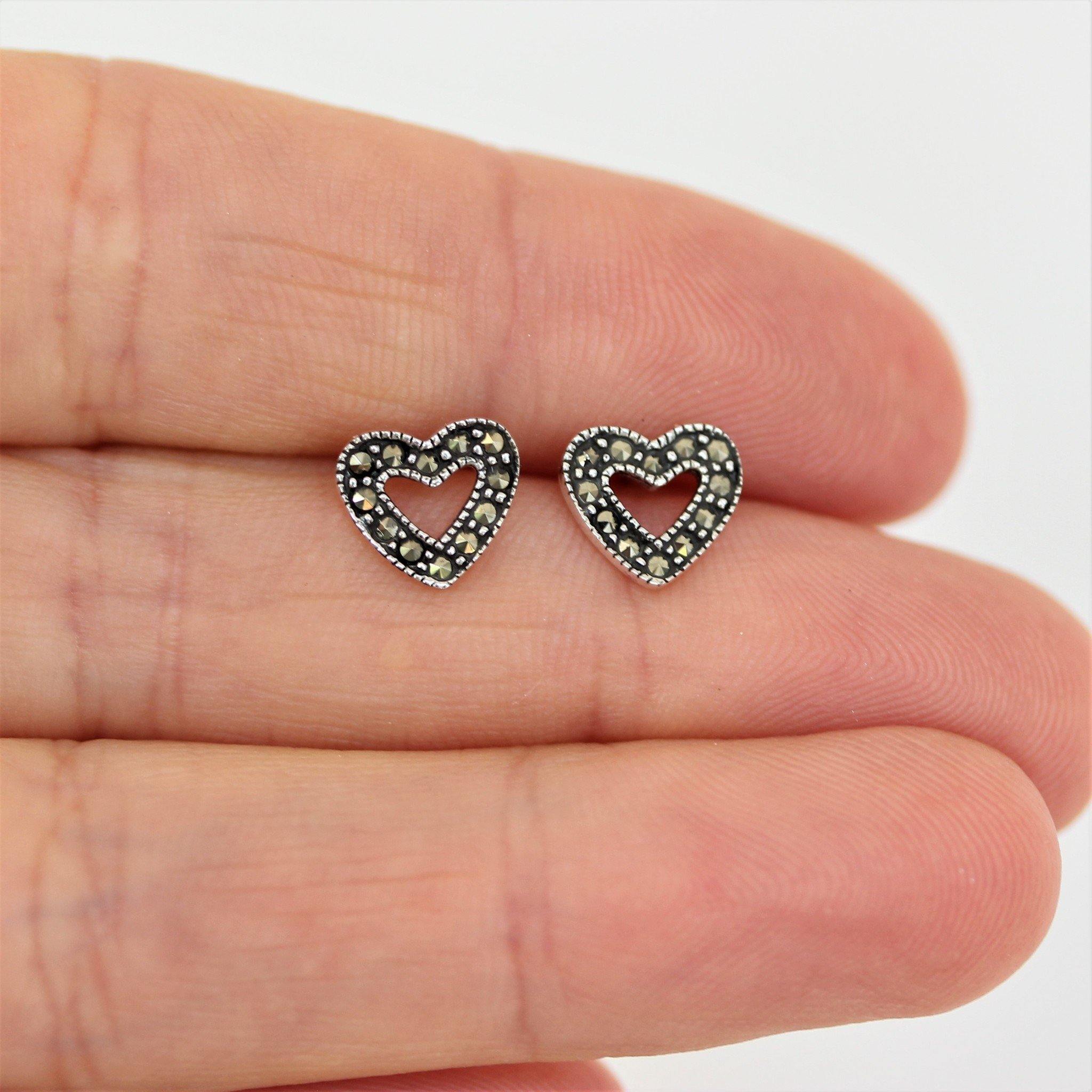 Sterling Silver Marcasite Vintage Style Cut Out Love Heart Stud Earrings - STERLING SILVER DESIGNS