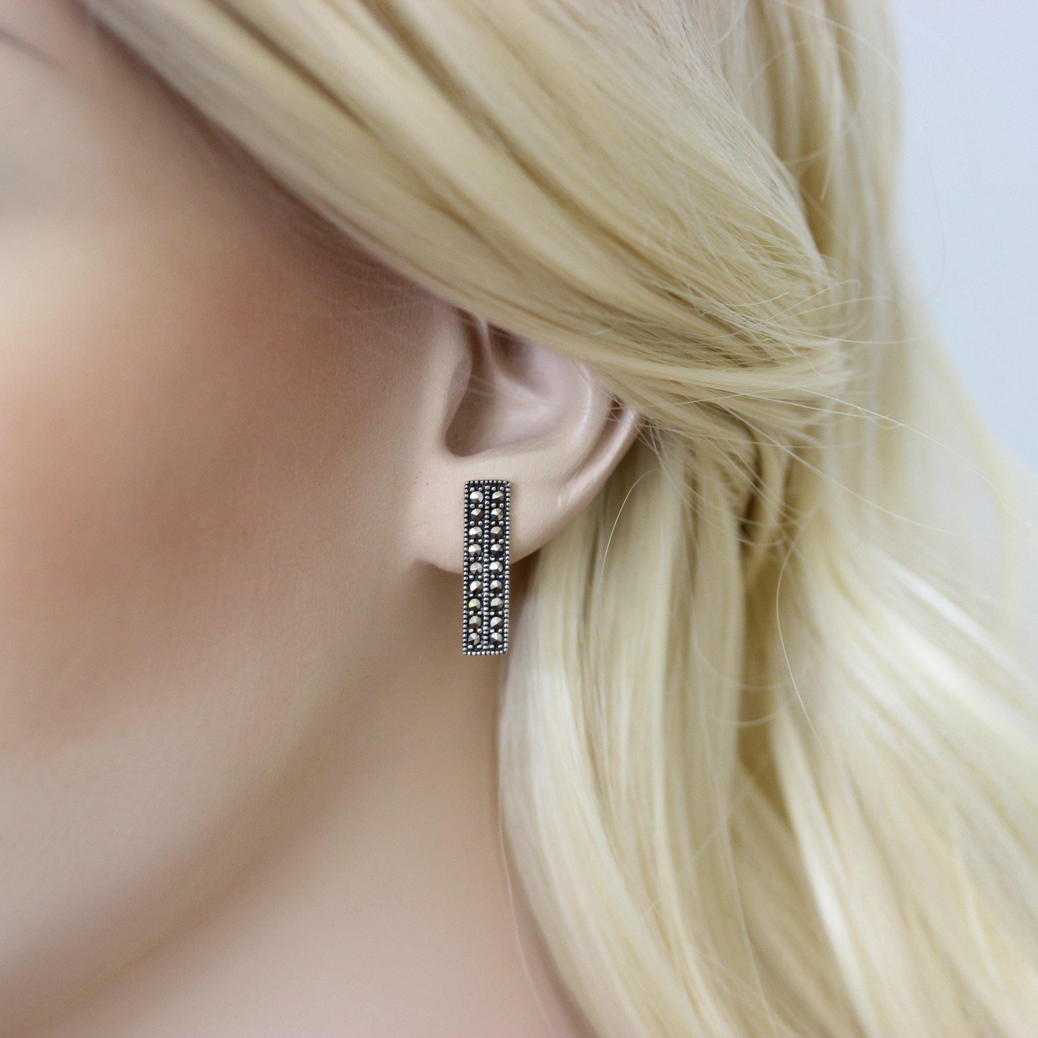 Sterling Silver Marcasite Vintage Style Double Bar Stud Earrings - STERLING SILVER DESIGNS