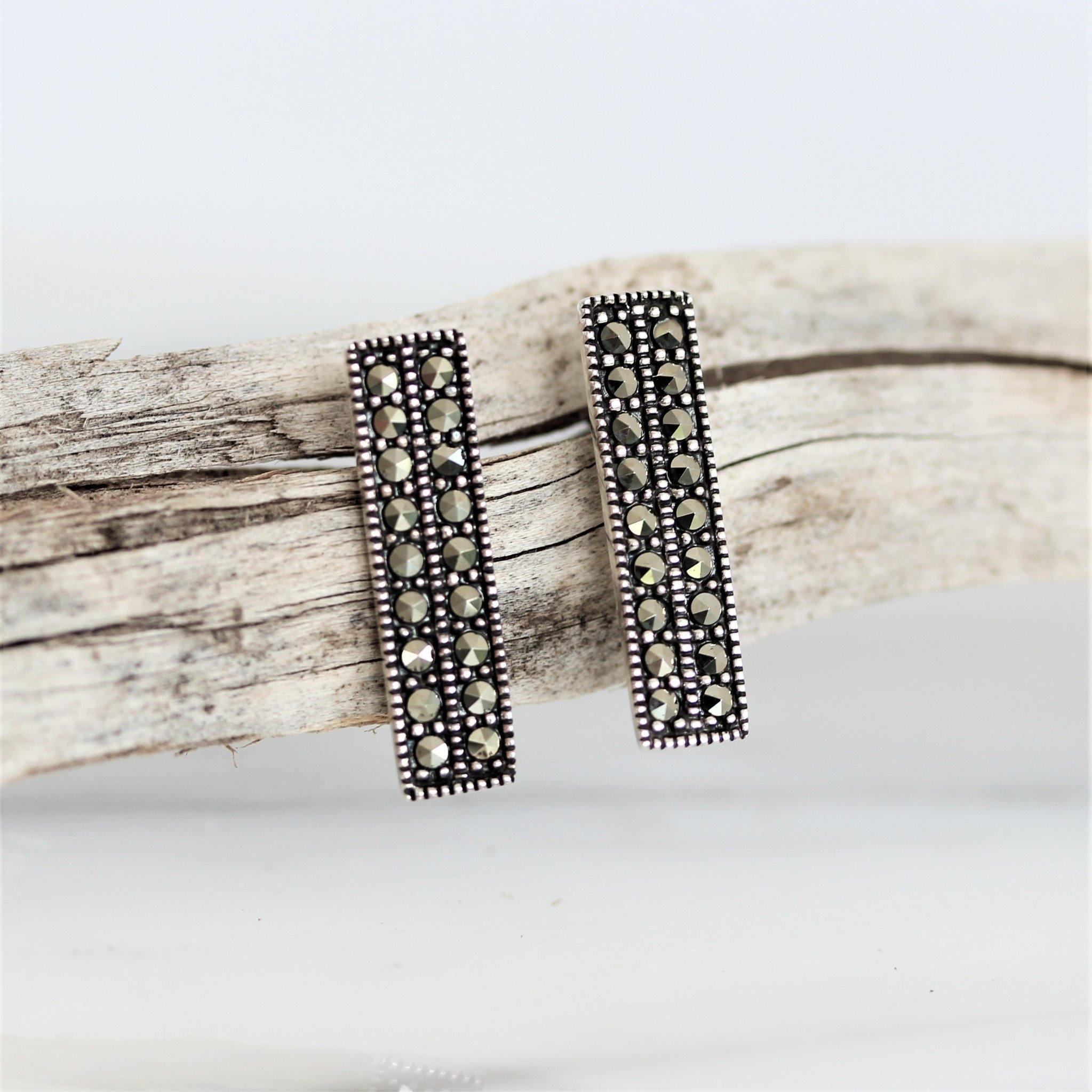 Sterling Silver Marcasite Vintage Style Double Bar Stud Earrings - STERLING SILVER DESIGNS