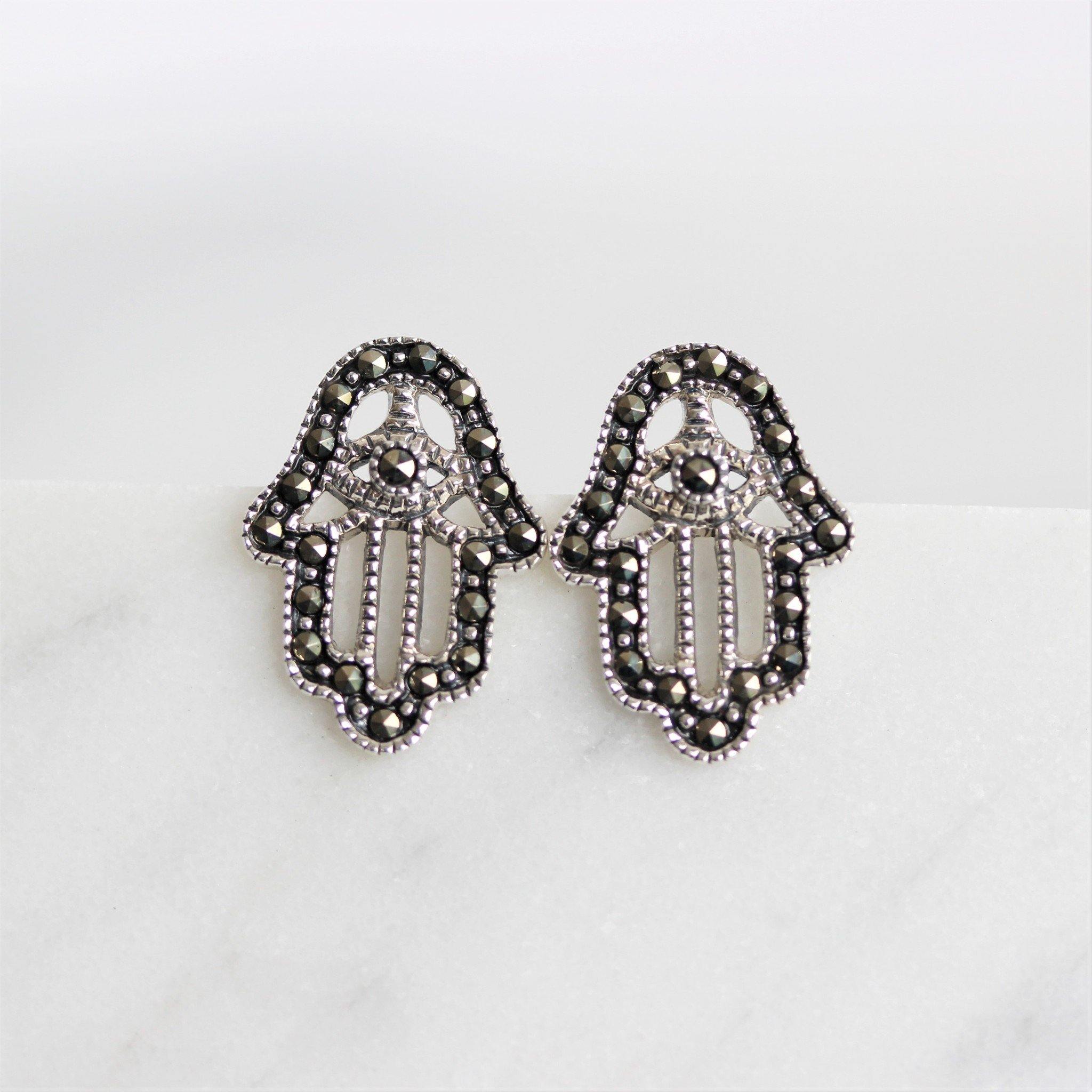 Sterling Silver 925 Marcasite Vintage Style Cut Out Hamsa Hand Stud Earrings - STERLING SILVER DESIGNS