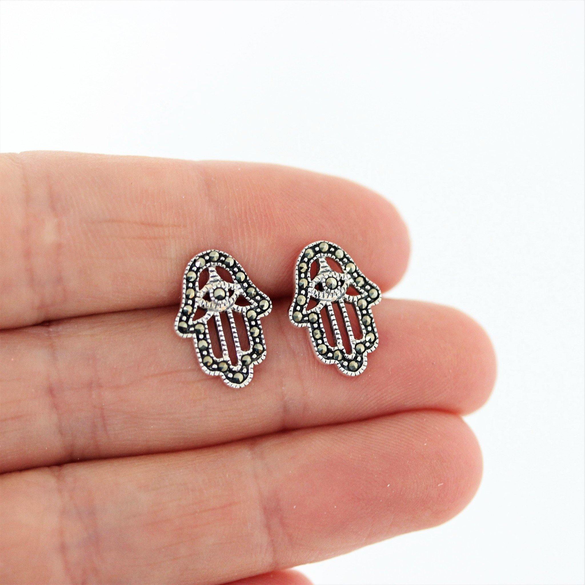 Sterling Silver 925 Marcasite Vintage Style Cut Out Hamsa Hand Stud Earrings - STERLING SILVER DESIGNS
