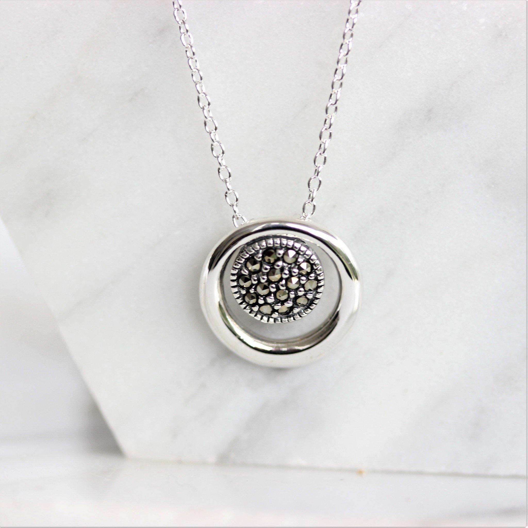 Sterling Silver Marcasite 13mm Double Circle "O" Pendant Slider Necklace 42cm - STERLING SILVER DESIGNS