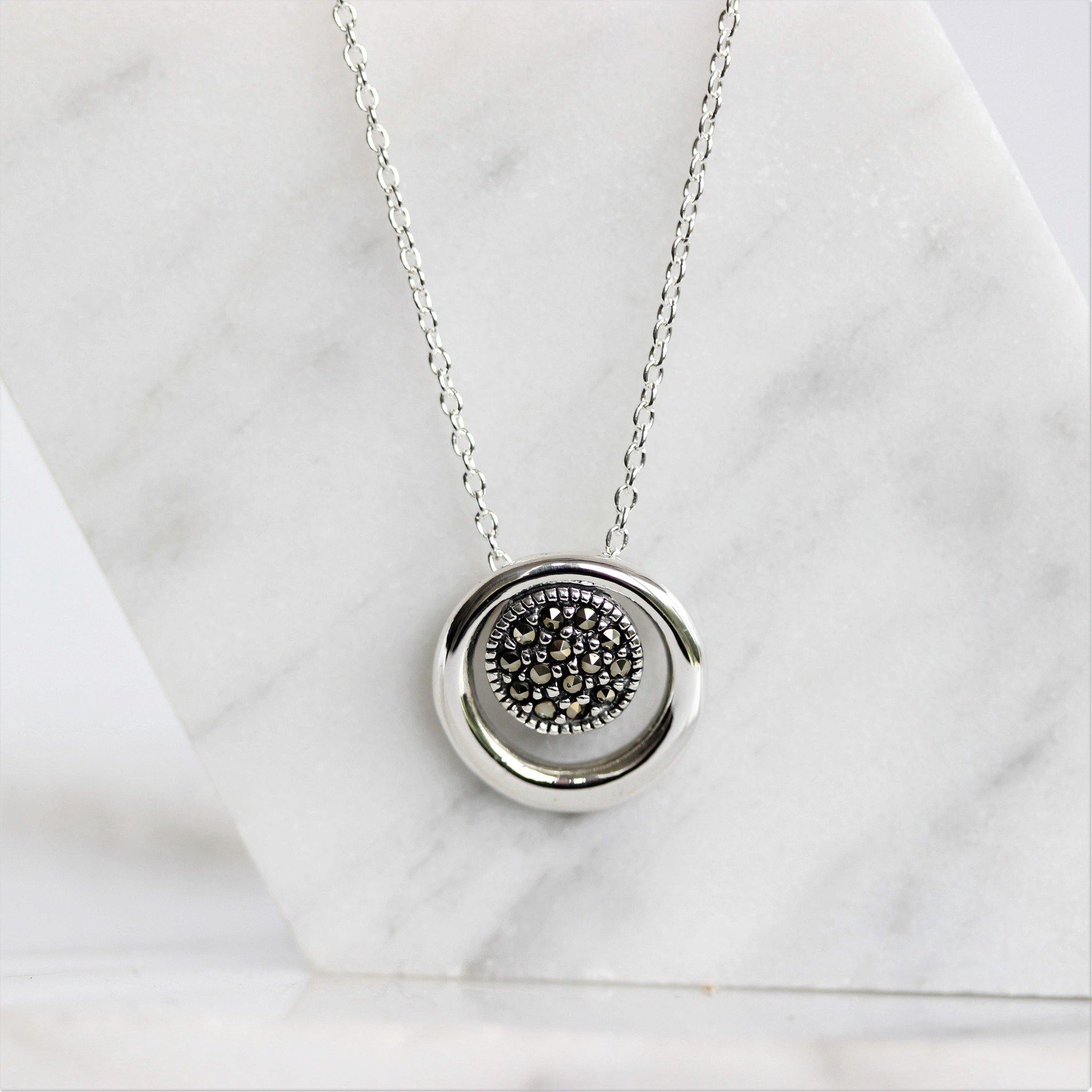 Sterling Silver Marcasite 13mm Double Circle "O" Pendant Slider Necklace 42cm - STERLING SILVER DESIGNS