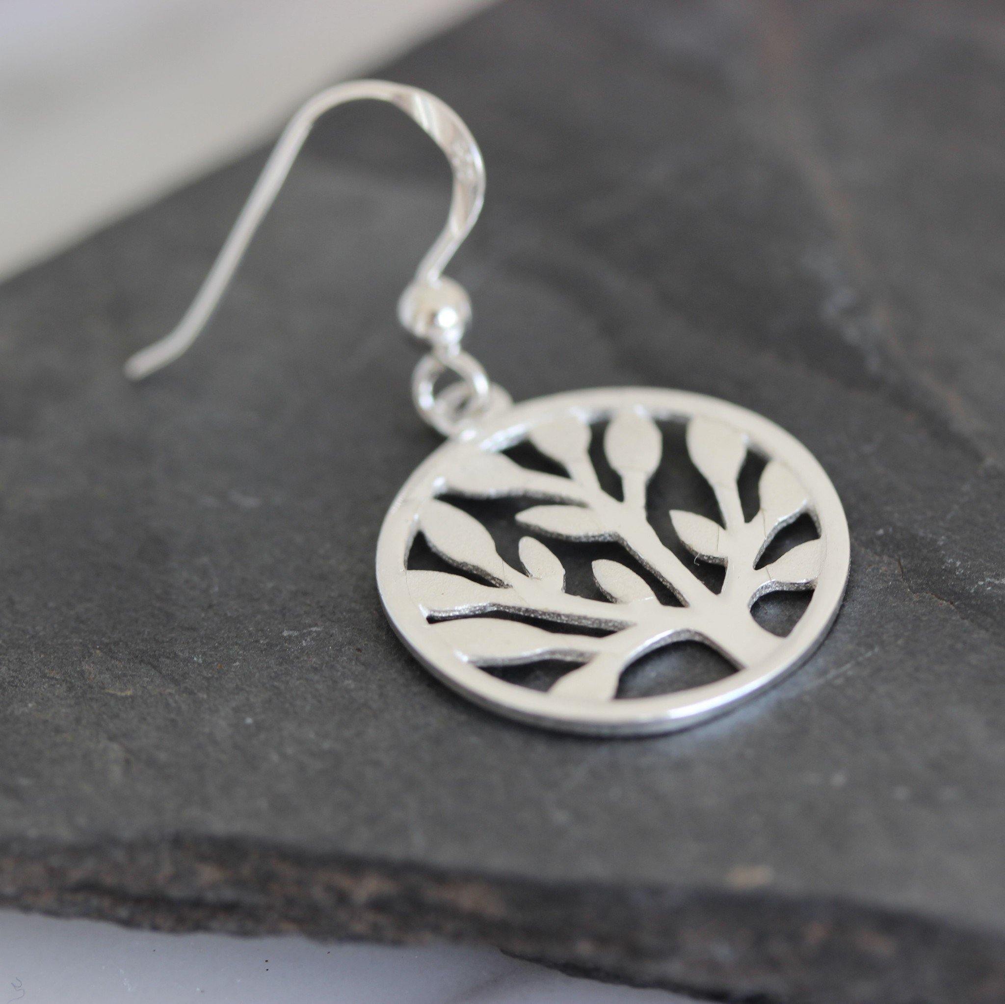 Sterling Silver 925 Tree of Life 18mm Round Matte Brushed Hook Drop Earrings - STERLING SILVER DESIGNS