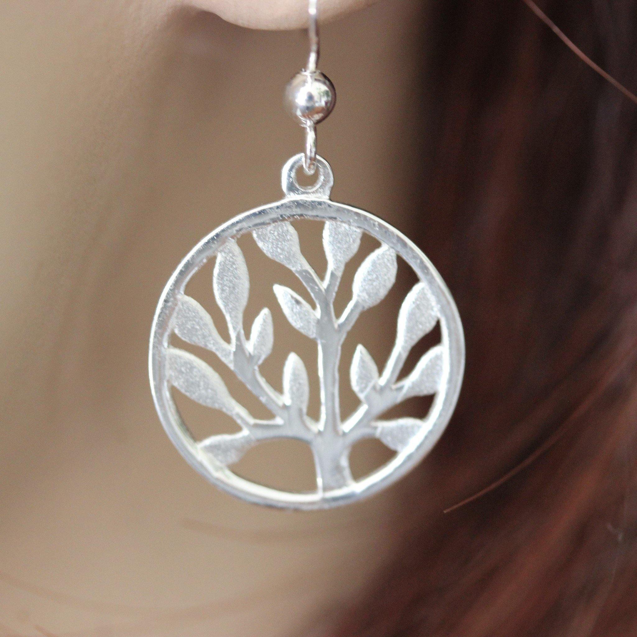 Sterling Silver 925 Tree of Life 18mm Round Matte Brushed Hook Drop Earrings - STERLING SILVER DESIGNS