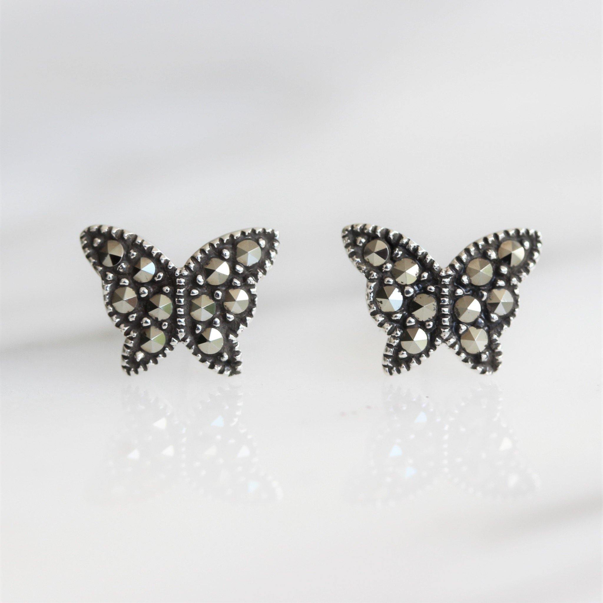 Sterling Silver Vintage Inspired Marcasite Butterfly Stud Earrings - STERLING SILVER DESIGNS