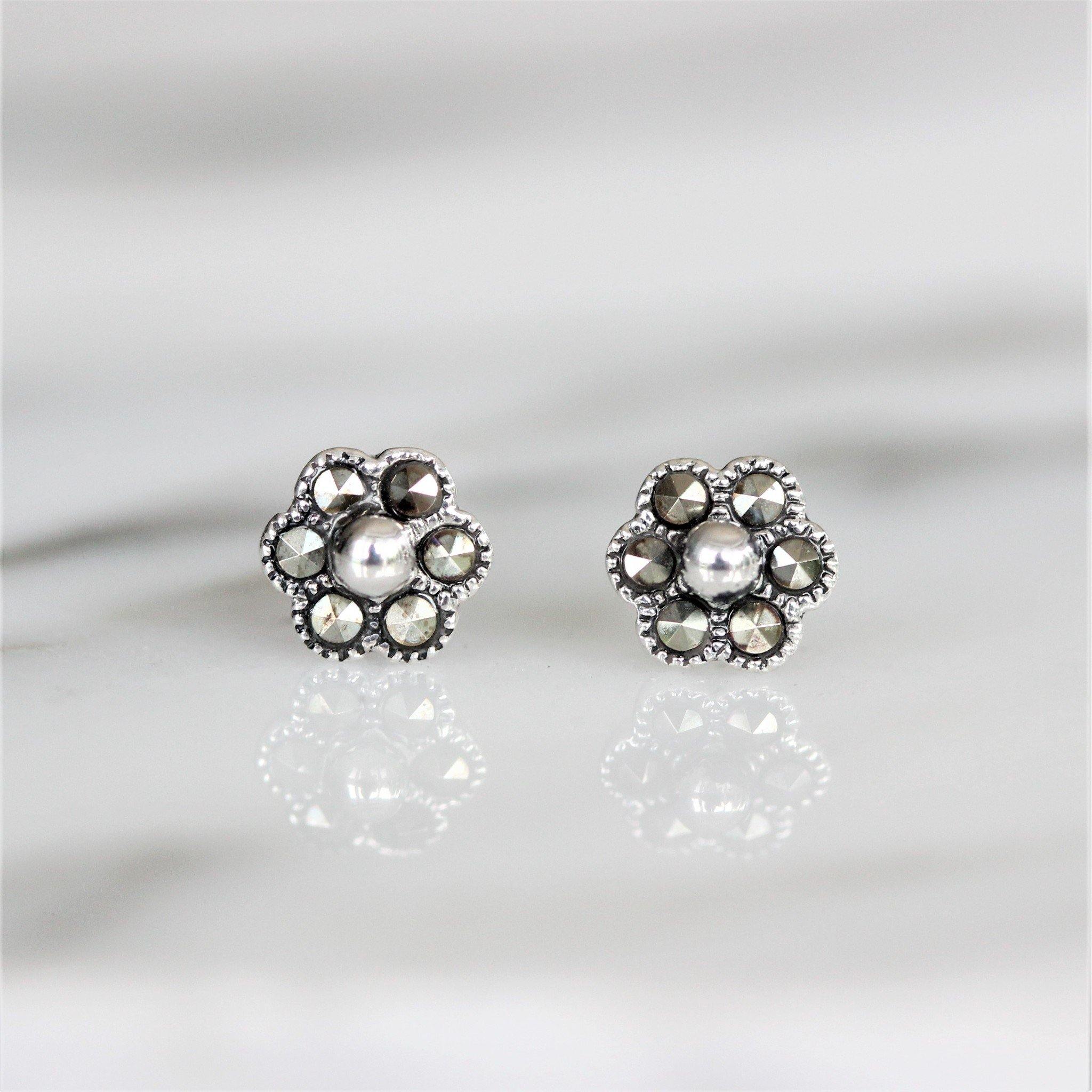 Sterling Silver Vintage Inspired Marcasite Small 5mm Flower Stud Earrings - STERLING SILVER DESIGNS