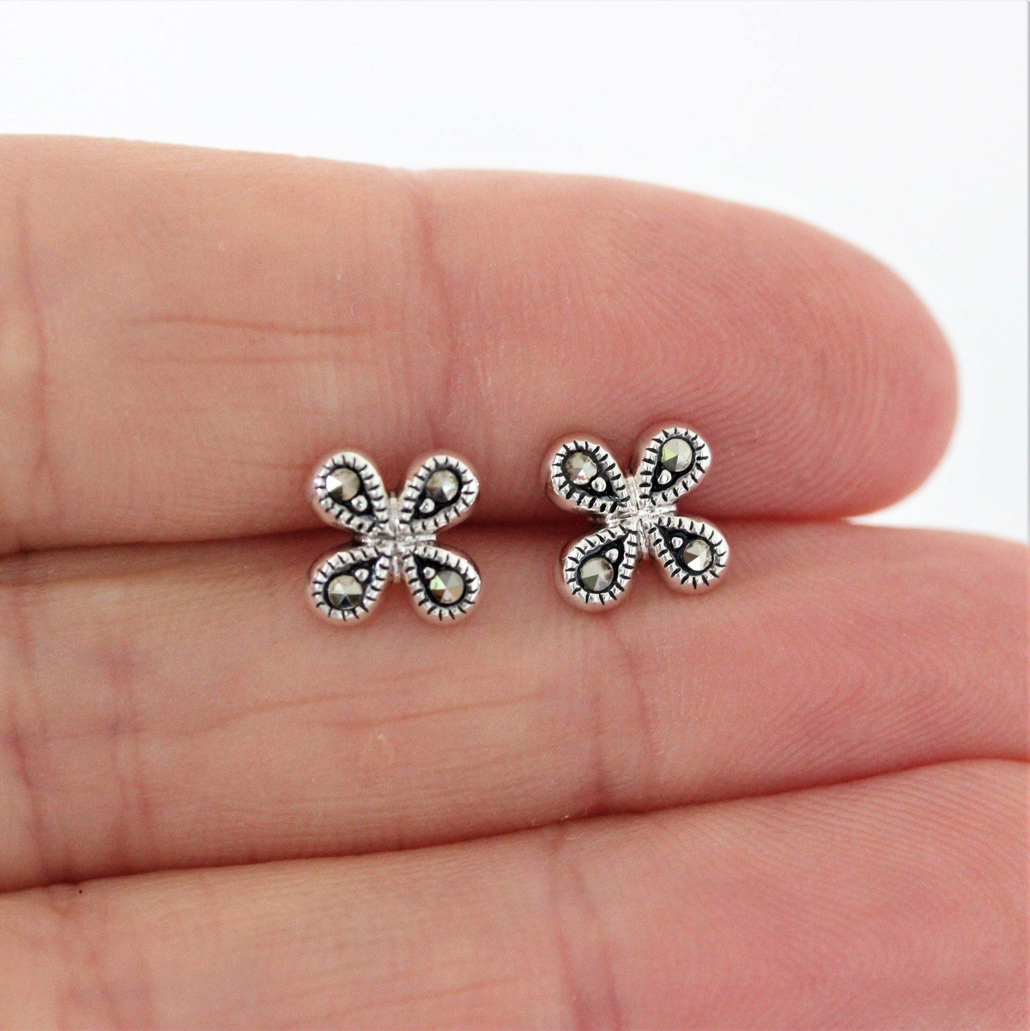 Sterling Silver Marcasite 8mm Flower Pattern Minimal Stud Earrings - STERLING SILVER DESIGNS