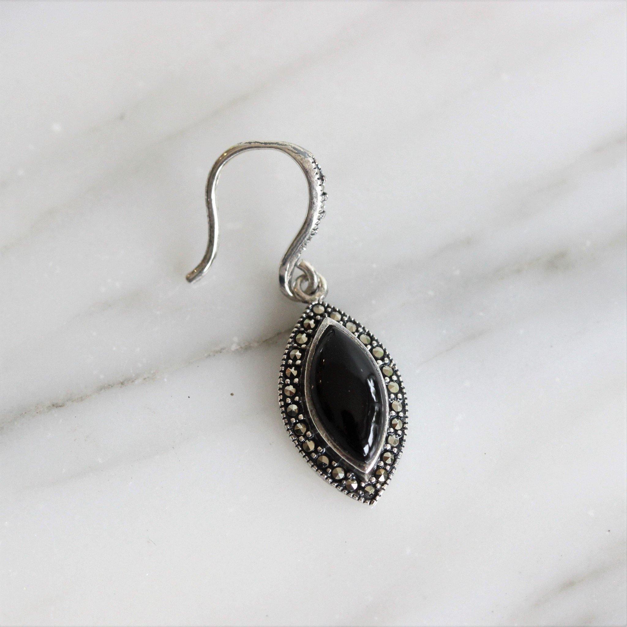 Sterling Silver Marcasite & Black Onyx Marquise Shape Halo Drop Dangle Earrings - STERLING SILVER DESIGNS