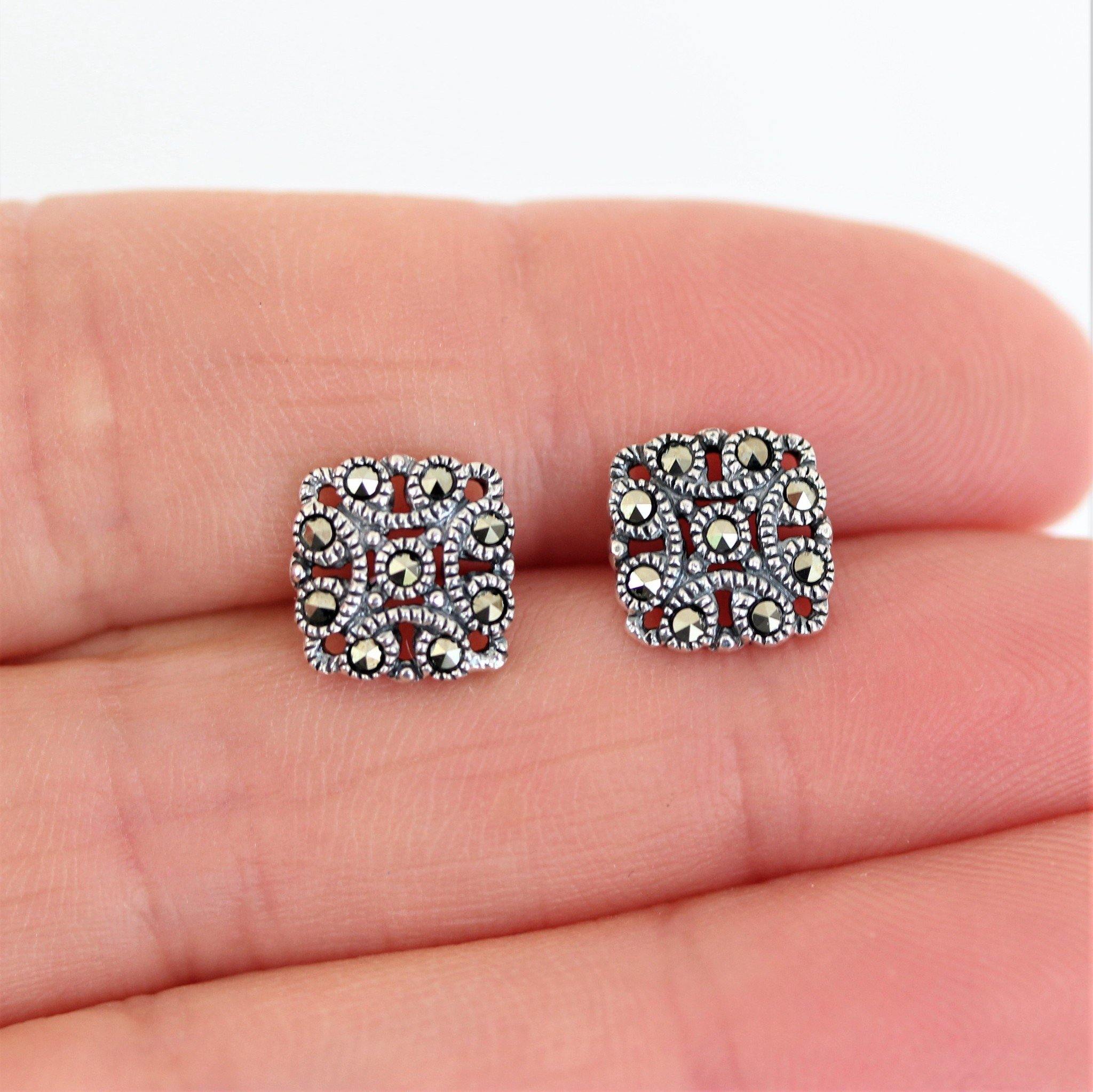 Sterling Silver Art Deco Vintage Style Marcasite 9mm Square Stud Earrings - STERLING SILVER DESIGNS
